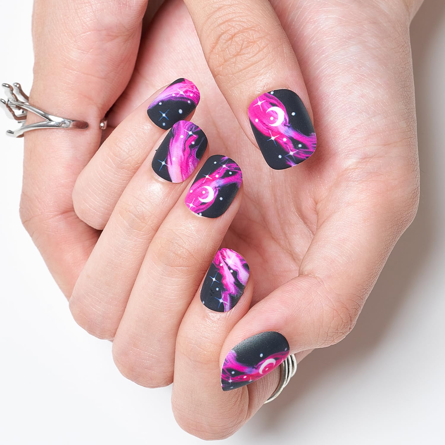 GLAMERMAID Hot Pink & Black Ombre Press On Nails - Short Squoval Fake Nails with Matte Gel Finish | Reusable Acrylic False Nails Kit for Women | Perfect for Parties, Weddings & Everyday Manicures