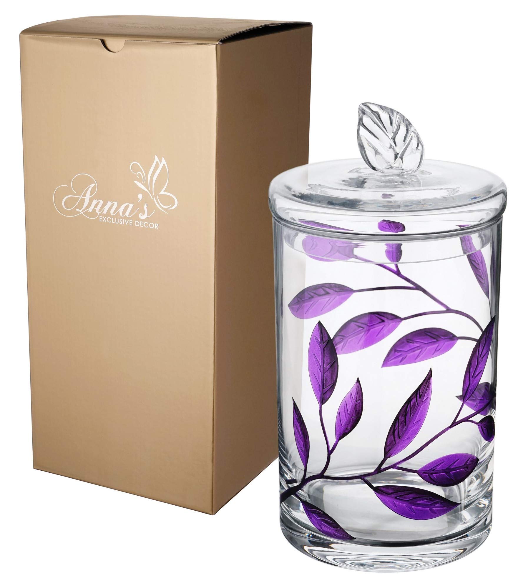 Decorative Glass Storage Jar with Lid - Large 11.4 Inch (29 cm) Purple Food & Candy Display Container - Etched Leaf Design for Kitchen, Bathroom & Home Decor - Perfect for Pantry Organization, Party Treats & Bathroom Essentials