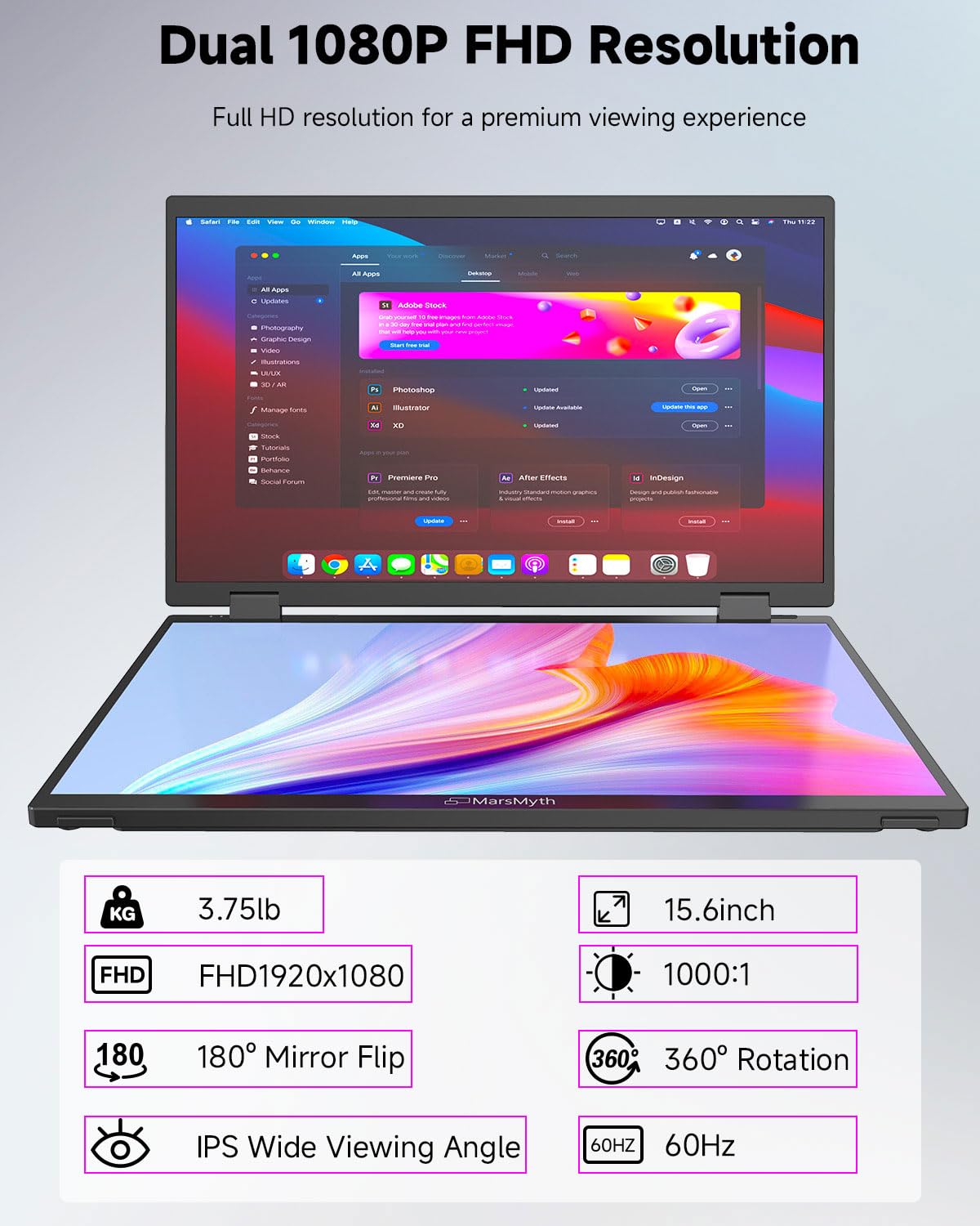 14-inch Portable Laptop Monitor - 1920x1080 FHD IPS Display, 60Hz Refresh Rate, USB-C/HDMI Input - Lightweight Second Screen for Travel, Home Office, Gaming & Productivity - Perfect for Remote Work, Coding & Multitasking