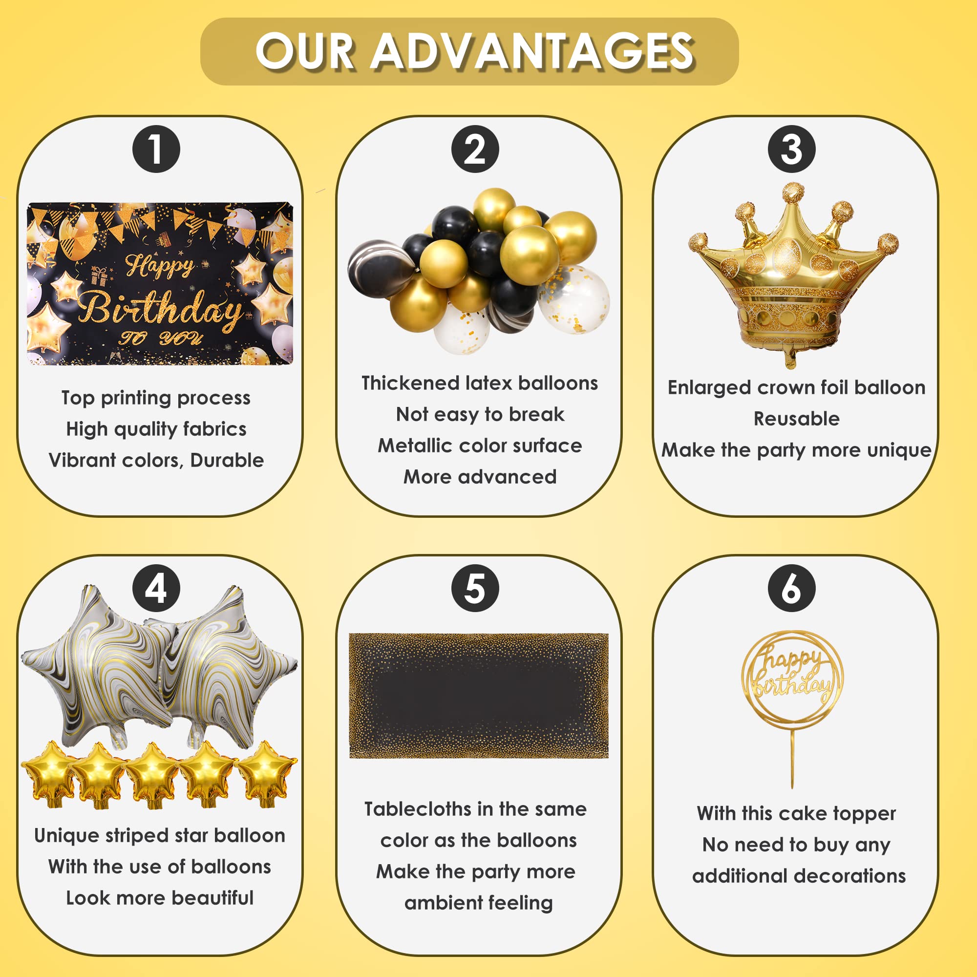 KATBUU Gold & Black Happy Birthday Decorations for Women & Girls - Elegant Party Supplies for Birthdays, Bridal Showers & Special Events