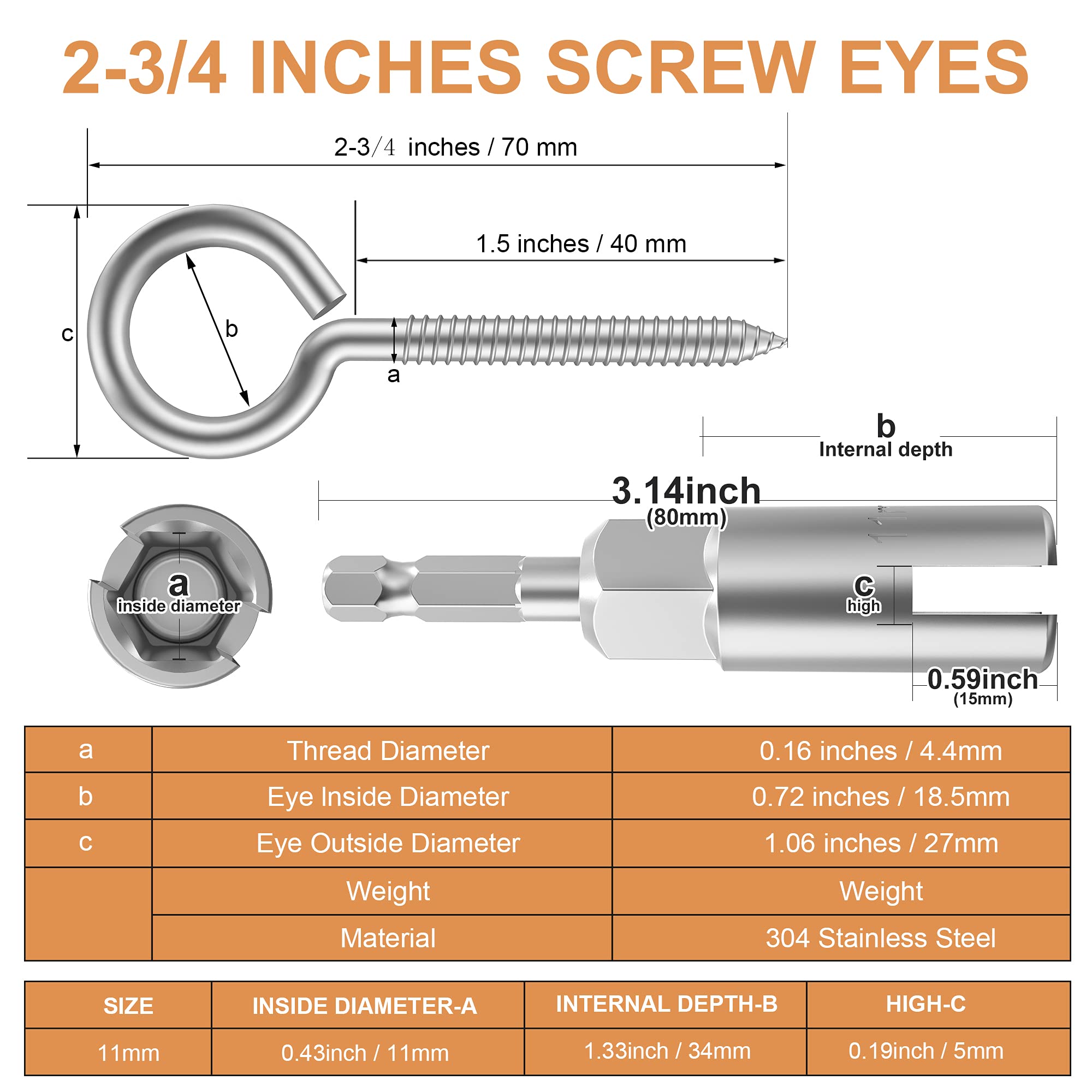 **Heavy Duty 304 Stainless Steel Screw Eye Hooks (26 Pack) - 1/4
