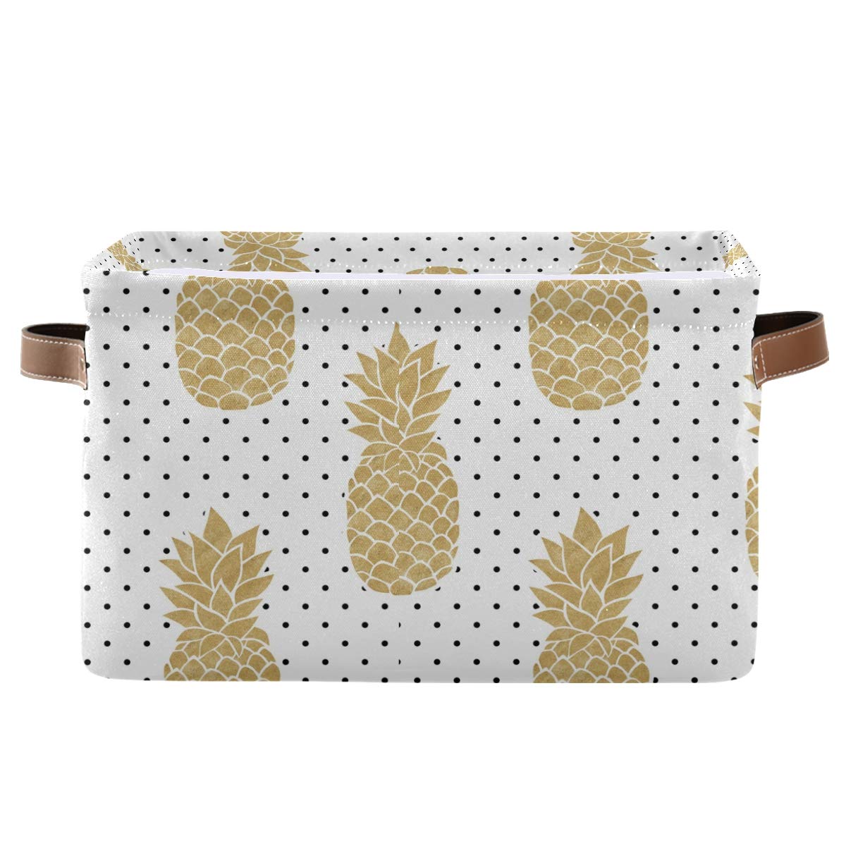 AGONA Large Foldable Storage Bin - Gold Pineapples & Black Polka Dot Collapsible Fabric Basket with Leather Handles | Home Organization for Closet, Bedroom, Nursery & Office | Space-Saving Decorative Storage Solution (1 Pack)