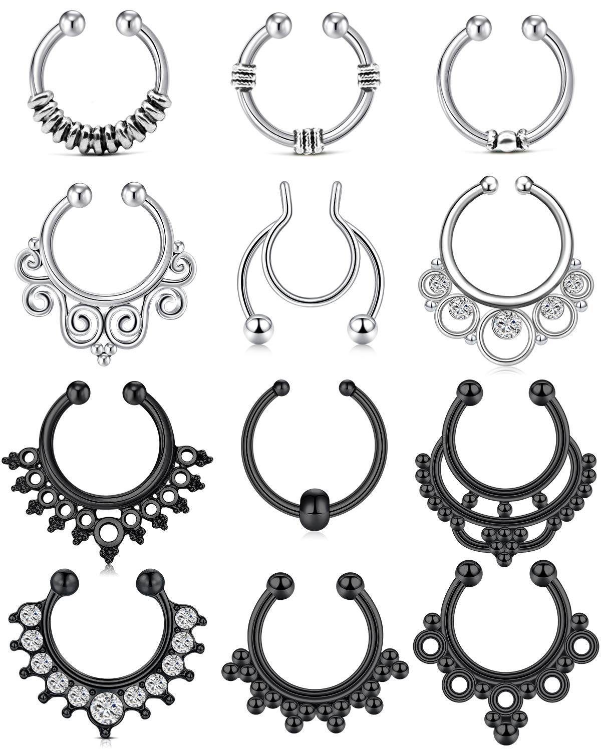 QWALIT Fake Nose Rings & Septum Piercings - Clip On Non-Piercing Nose Hoops for Women & Men | Fashion Accessories for Parties, Halloween & Cosplay