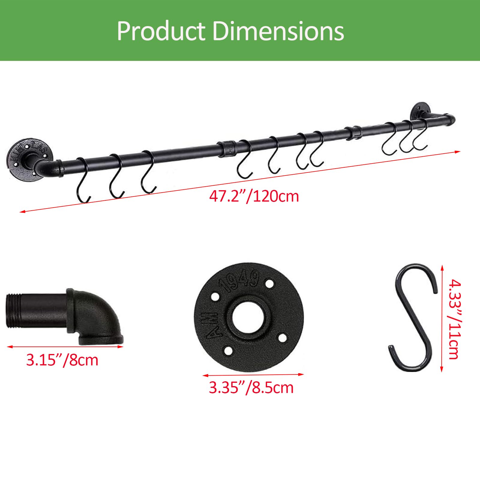 Melody House 47.2 Inch Industrial Pipe Kitchen Rail Rack with 10 S Hooks - Wall Mounted Detachable Utensil Holder for Pots, Pans & Cooking Tools - Perfect for Small Kitchens & Organized Cooking Spaces (Black)