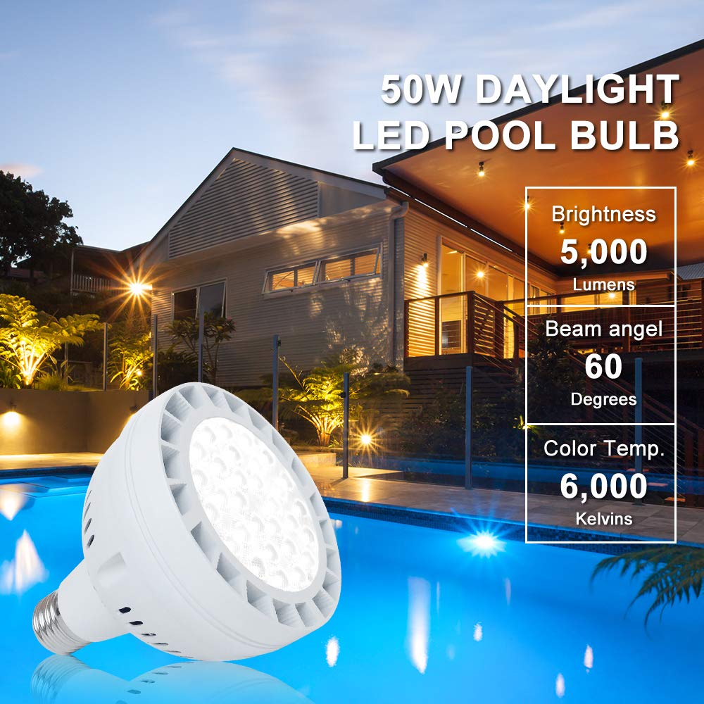 12V 50W LED Pool Light for Inground Swimming Pools - 5000LM Daylight White, Energy Efficient Replacement for 300-800W Halogen Bulbs - Compatible with Pentair & Hayward Pool Lights - Perfect for Night Swimming, Pool Parties & Backyard Lighting