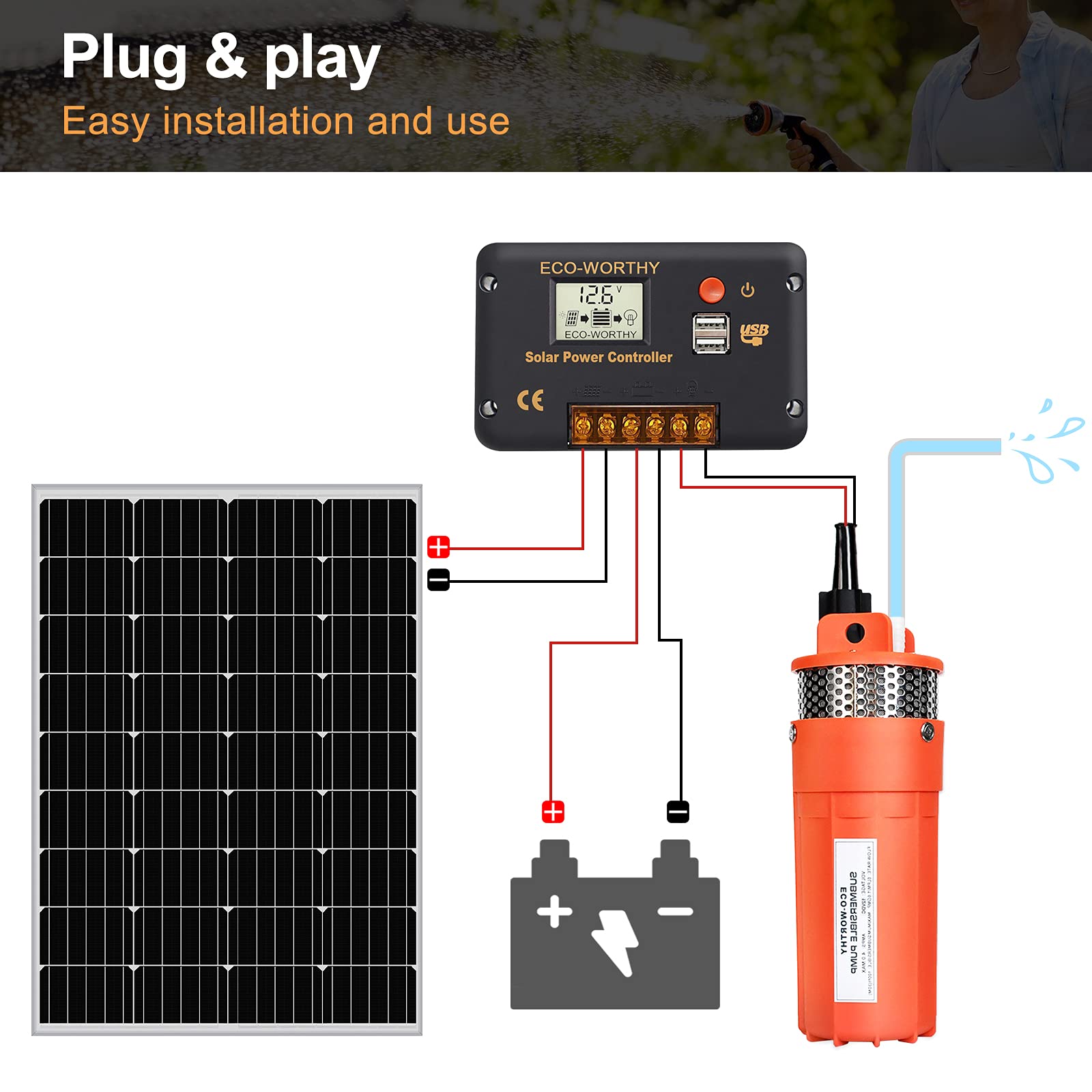 ECO-WORTHY 100W Solar Well Pump Kit with 12V Deep Well Water Pump - Off-Grid Solar Powered Water System for Farms, Ranches, Irrigation & Remote Living - Perfect for Livestock Watering, Garden Irrigation & Emergency Water Supply