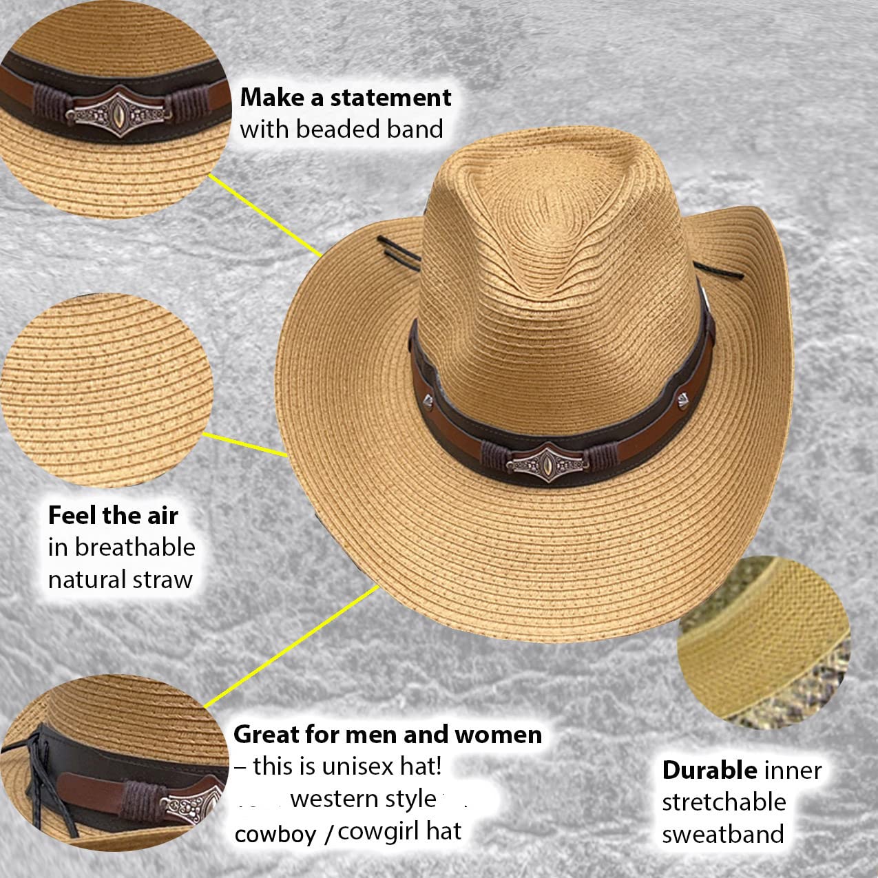 Stylish Straw Cowboy Hat for Men & Women - Classic Western Sun Hat with Wide Brim - Perfect for Rodeo, Beach, Outdoor & Country Events