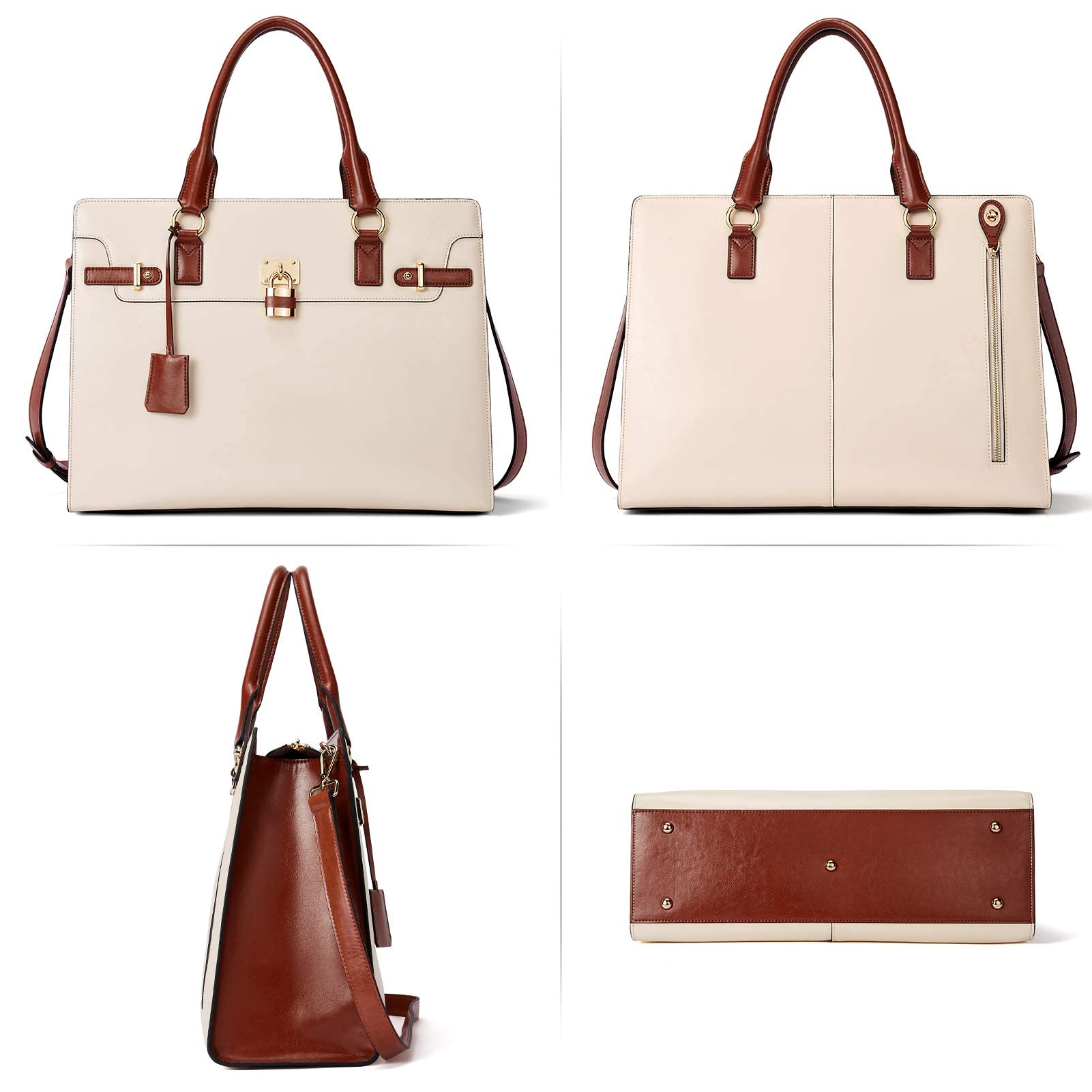 BOSTANTEN Women's Leather Laptop Briefcase - 15.6 Inch Professional Work Tote Bag with Shoulder Strap & RFID Blocking Wallet Set | Stylish Beige Office Handbag for Business Women, Commuting & Travel
