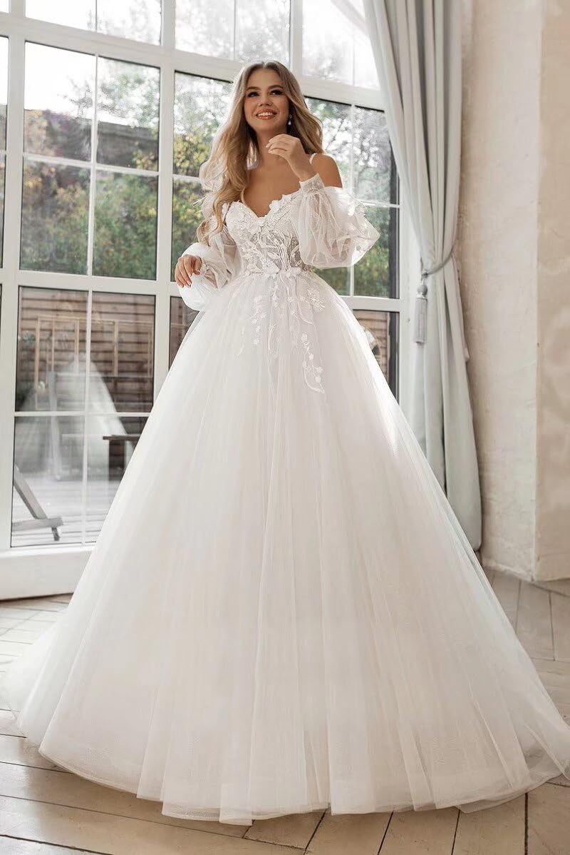SoDigne 2024 Lace Applique Long Sleeve Tulle Wedding Dress - Elegant A-Line Bridal Gown for Summer Weddings, Beach Ceremonies & Outdoor Receptions