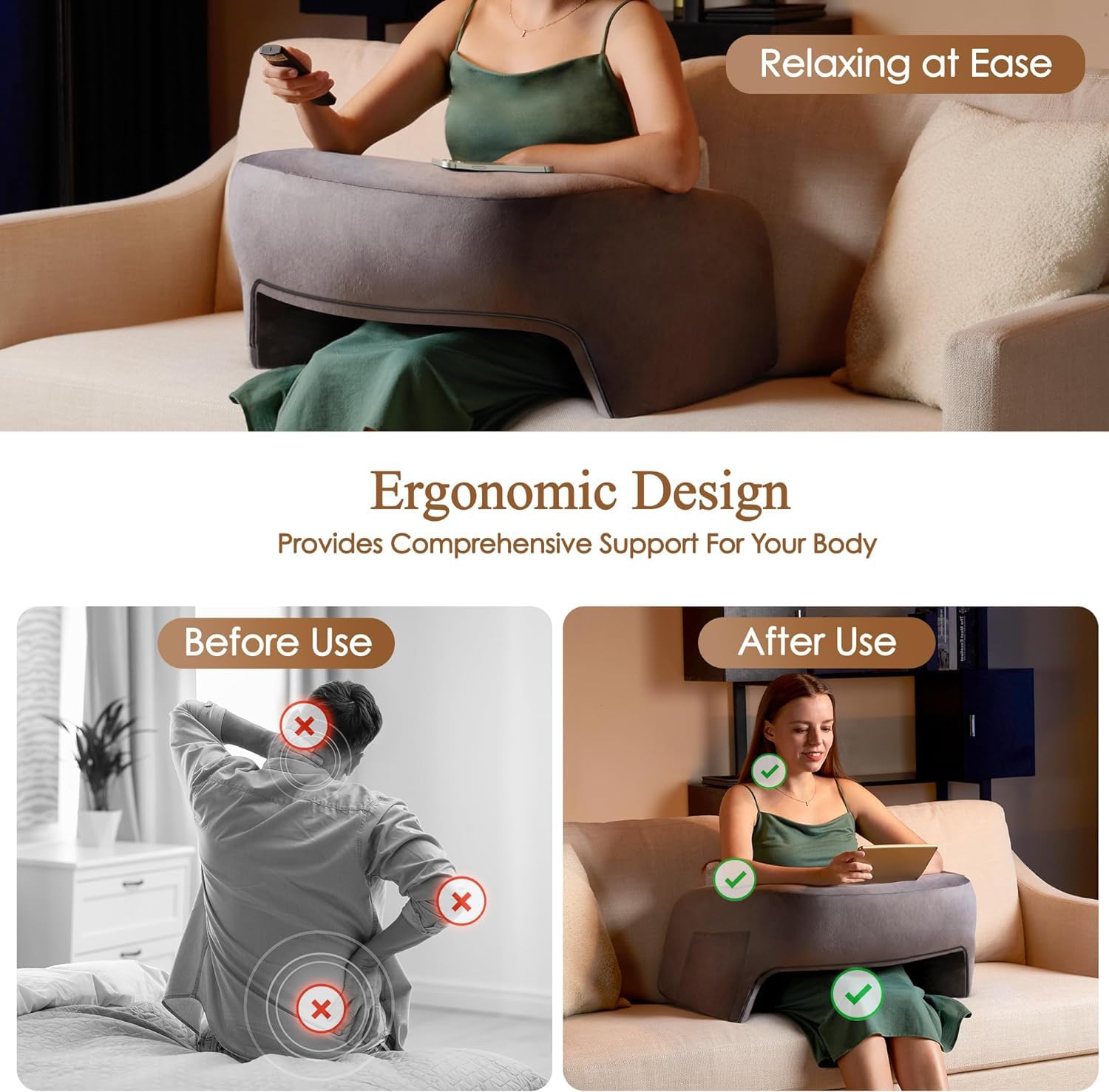 Homguava Memory Foam Reading & Gaming Pillow with Side Pocket - Ergonomic Back Support Cushion for Adults - Soft Furry Body Pillow for Bed, Sofa, Office (Grey) - Perfect for Reading, Gaming, Working & Relaxing at Home