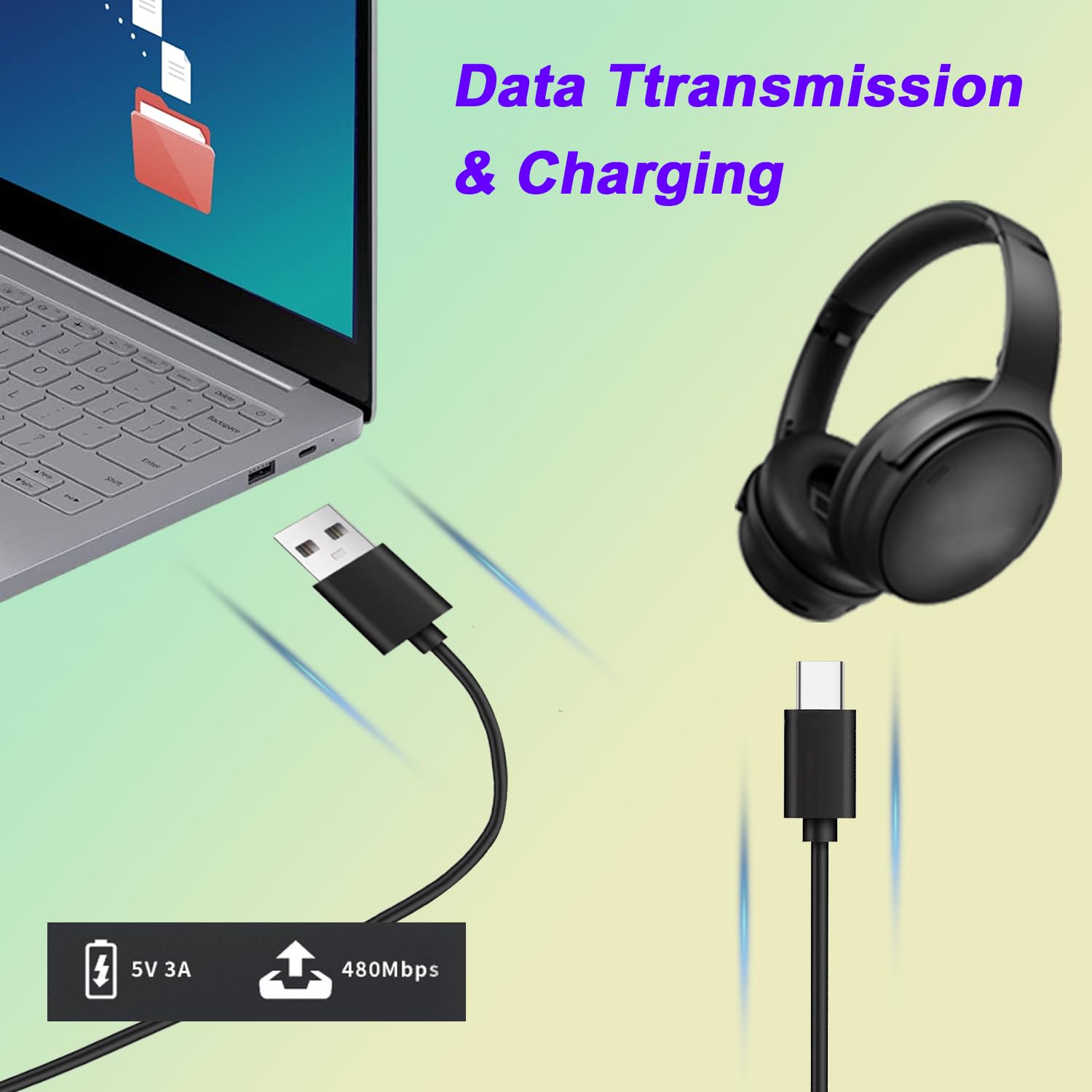 Premium USB A to USB C Charging Cable for Sony WH-1000XM3/XM4/XM5, Bose QC45/700, Beats & JBL Headphones - Fast Charging & Data Sync - Perfect for Travel, Office & Home Use