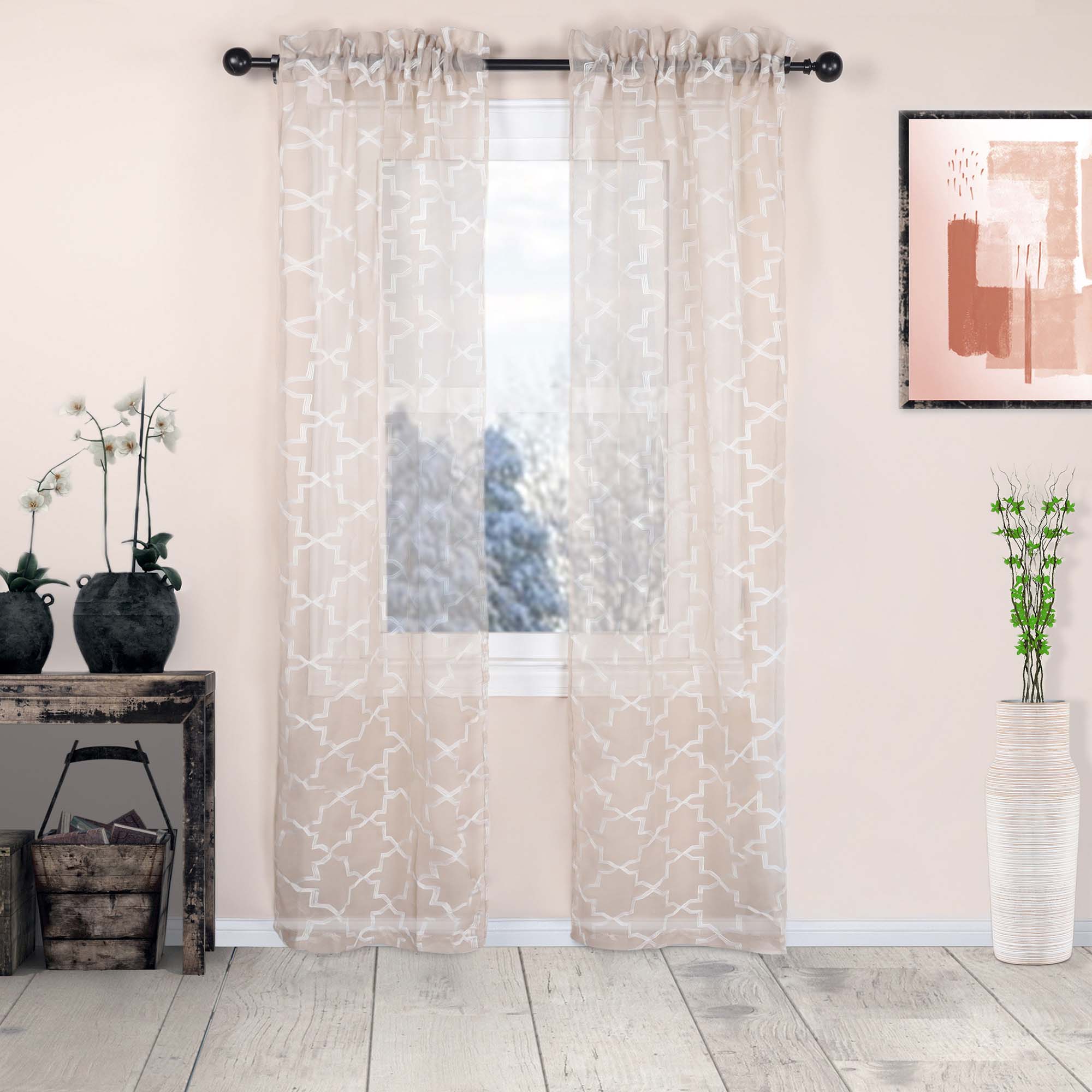 Embroidered Quatrefoil Semi-Sheer 2-Piece Curtain Panel Set - Elegant Window Treatment for Living Room & Bedroom Decor