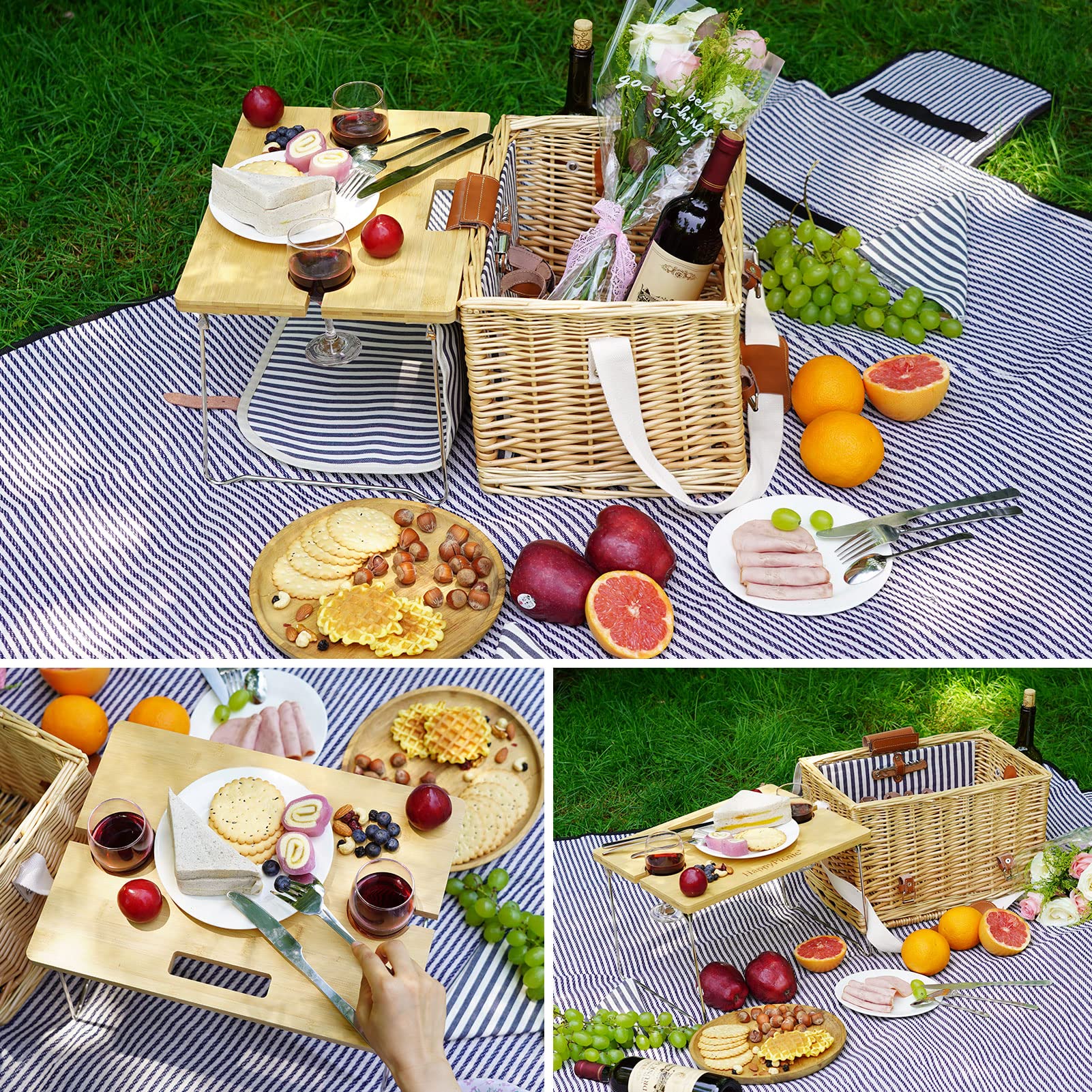 Premium Wicker Picnic Basket for 2 with Detachable Table - Wine Holder & Complete Tableware Set - Perfect for Outdoor, Wedding, Anniversary Gifts - Great for Beach, Park, Camping & Romantic Dates