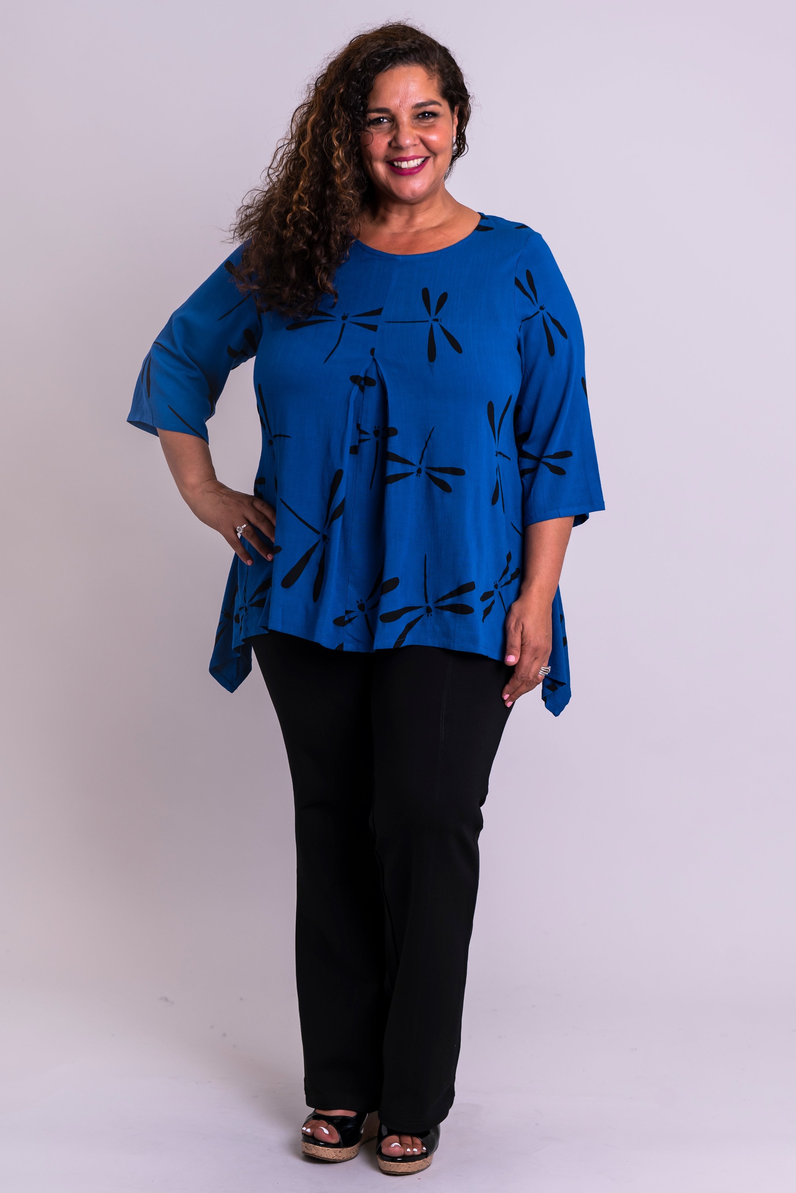 Daniella Women's Linen Bamboo Top with Sapphire Dragonfly Print - Breathable & Comfortable Summer Blouse for Casual Outings & Beach Wear
