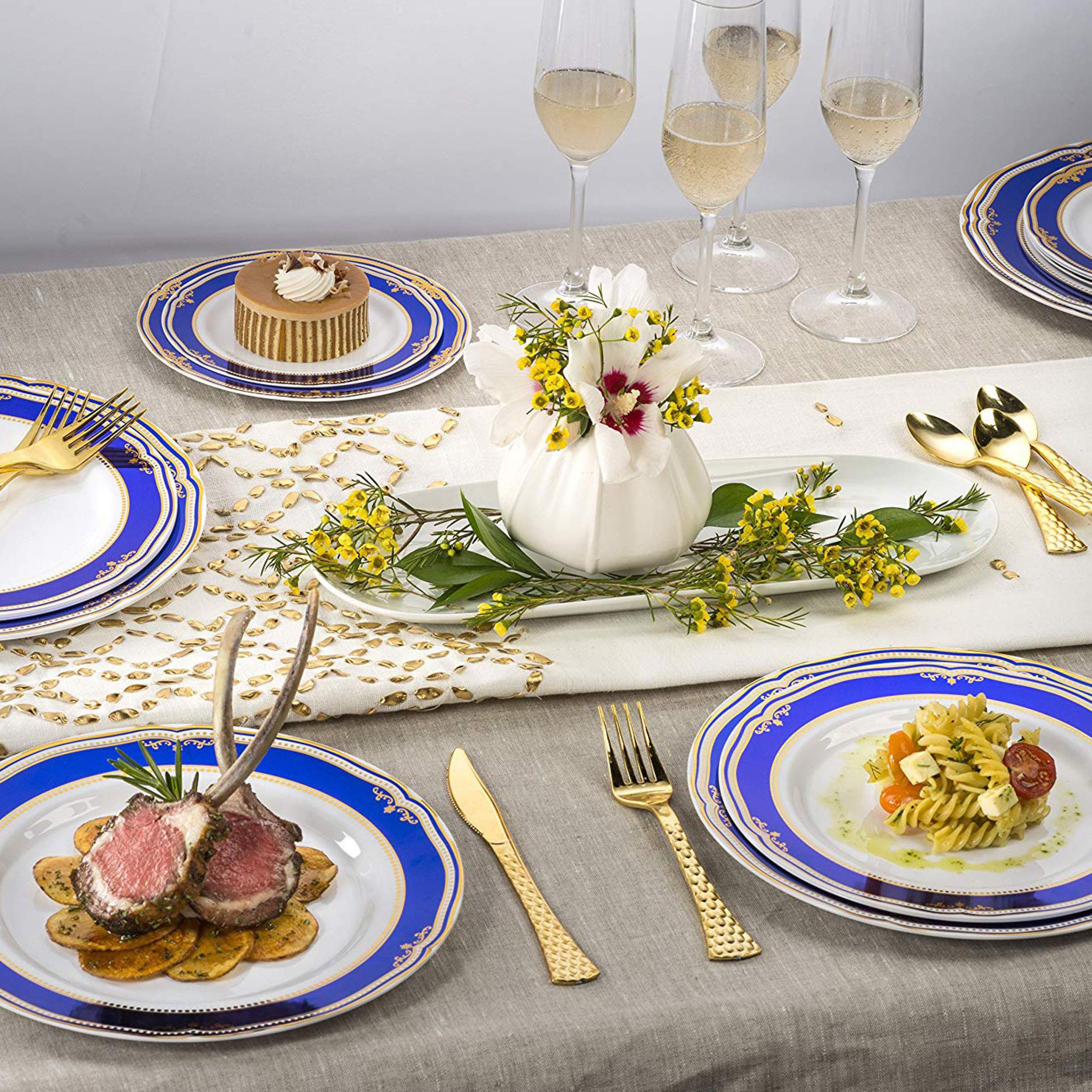 Laura Stein Elegant Disposable Dinnerware Set - 32-Piece White Plastic Party Plates with Blue Rim & Rose Gold Accents (16x10.75