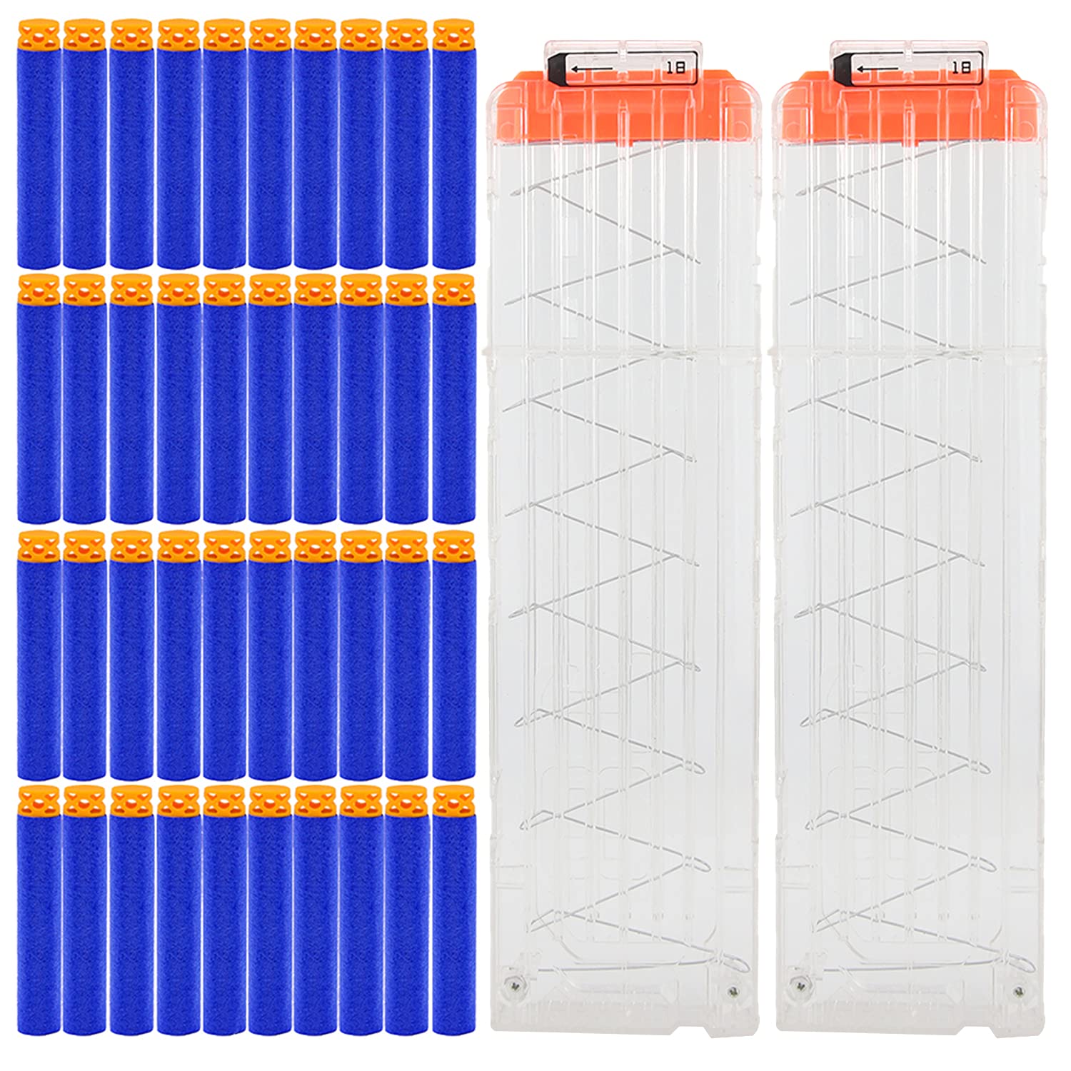 EKIND Soft Bullet Quick Reload Clips Set - 18 Darts Magazine Compatible with Nerf Toy Guns (Transparent, 2 Clips + 40 Darts) - Perfect for Nerf Battles, Target Practice & Outdoor Play