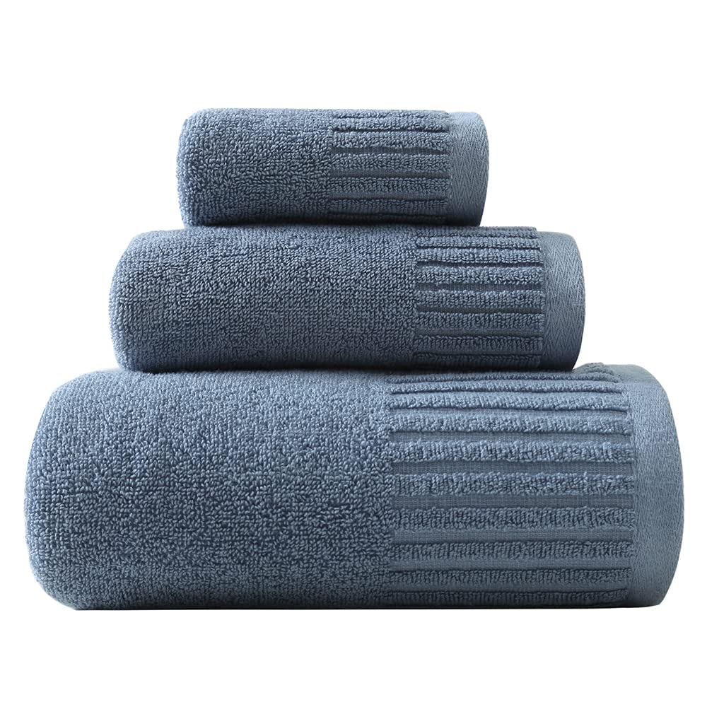YiLUOMO Blue Bath Towel Set - 100% Cotton, Ultra Soft & Highly Absorbent (3-Piece) | Luxury Spa, Beach & Home Bath Essentials