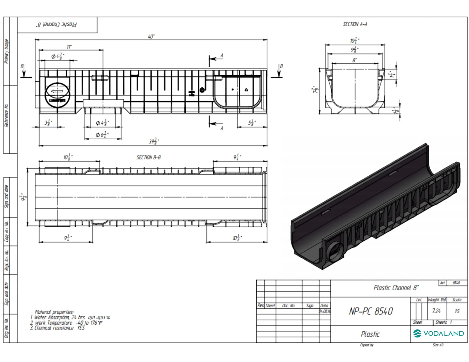 Vodaland 8 Inch Trench Drain with Cast Iron Grate - Heavy Duty Slotted Drainage System for Driveway, Patio & Pool Areas - Model PC8540