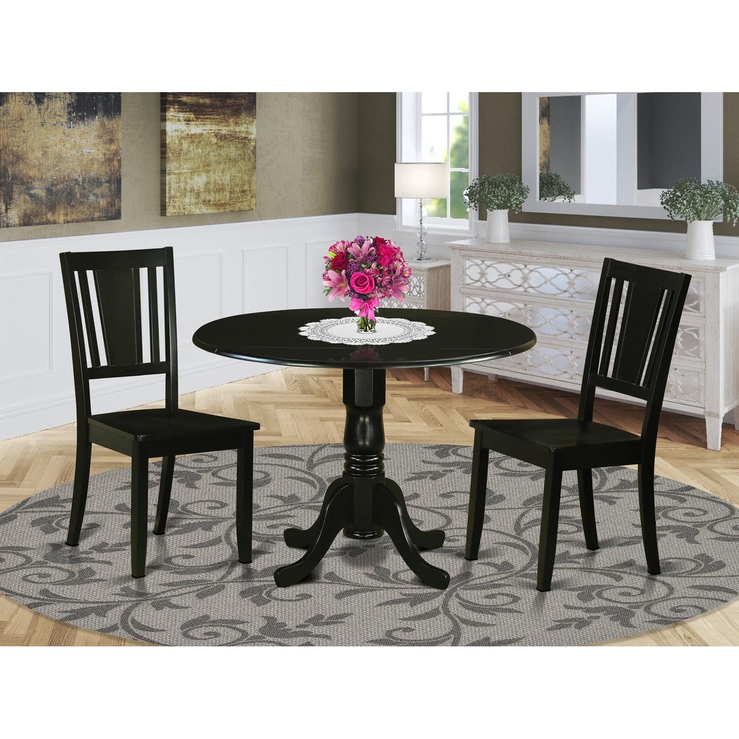 East West Furniture DLDU3-BLK-W 3-Piece Small Space Kitchen Table Set with Round Drop-Leaf Dining Table & 2 Solid Wood Chairs, 42x42 Inch, Black - Perfect for Apartments, Breakfast Nooks & Cozy Dining Areas