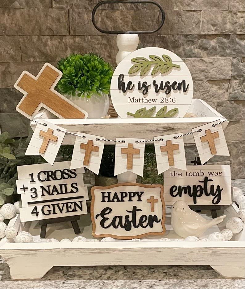 Happy Easter Decorations - Wooden Tiered Tray Decor, Spring Table Sign & Farmhouse Rustic Centerpiece for Home, Indoor, Desk, Shelf or Gallery - Perfect for Easter Celebrations, Spring Home Decor & Farmhouse Style Interior Design