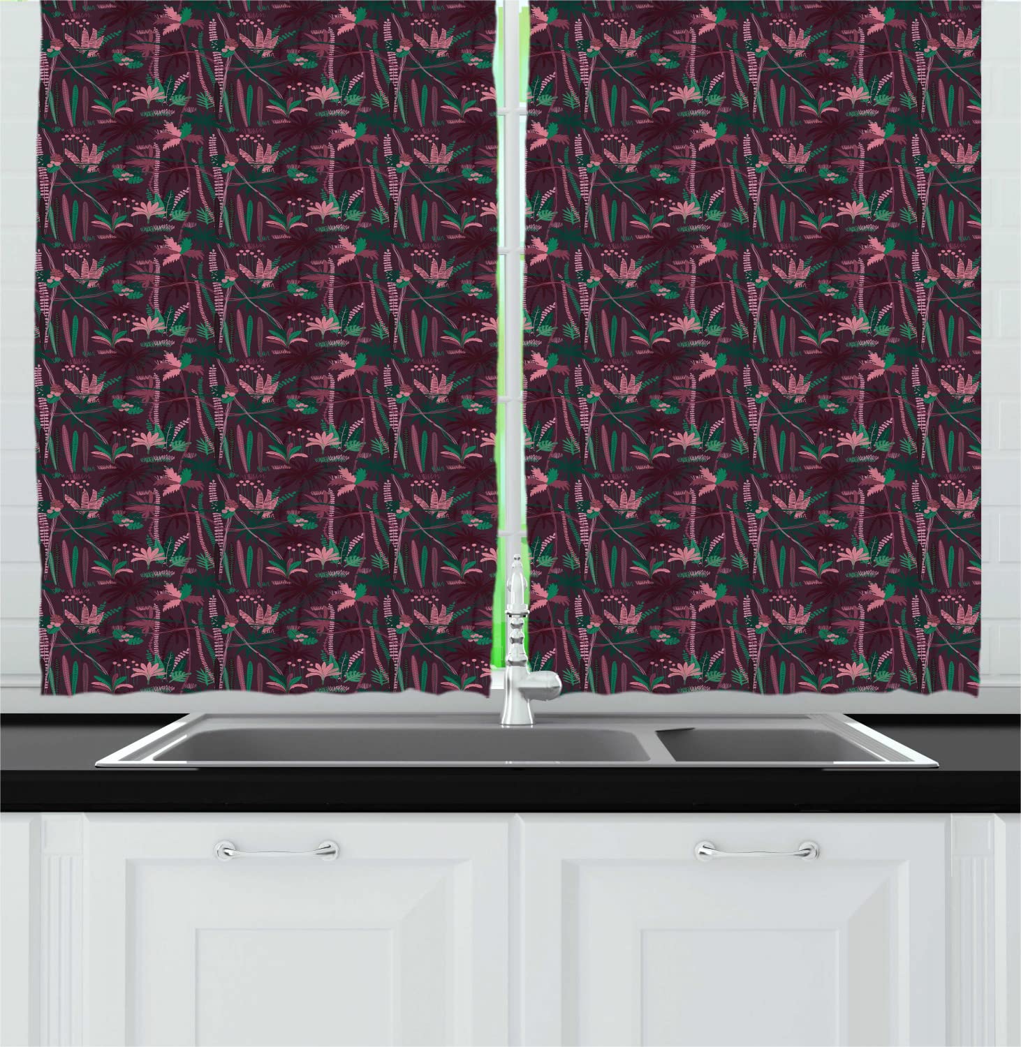 Ambesonne Jungle Long Kitchen Curtains - Exotic Rainforest Palm Tree Tropical Foliage Print - 2 Panel Rod Pocket Drapes for Windows 55