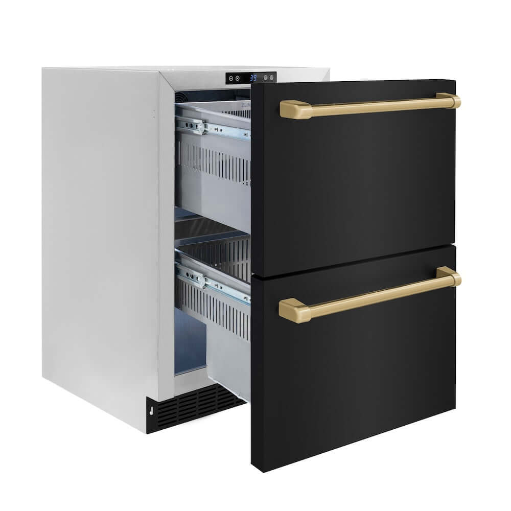 ZLINE Autograph Edition 24-Inch Outdoor Rated Dual Refrigerator Drawer - Black Stainless Steel with Champagne Bronze Handles - Perfect for Outdoor Kitchens, Patios, and Entertaining Areas (RDSOZ BS 24 CB)
