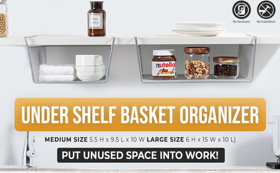YBM Under Shelf Storage Basket (2-Pack) - Stainless Steel Mesh Hanging Organizer for Kitchen, Bathroom, Pantry & Laundry - Space Saving Cabinet Solution - Perfect for Spices, Utensils, Toiletries & Cleaning Supplies