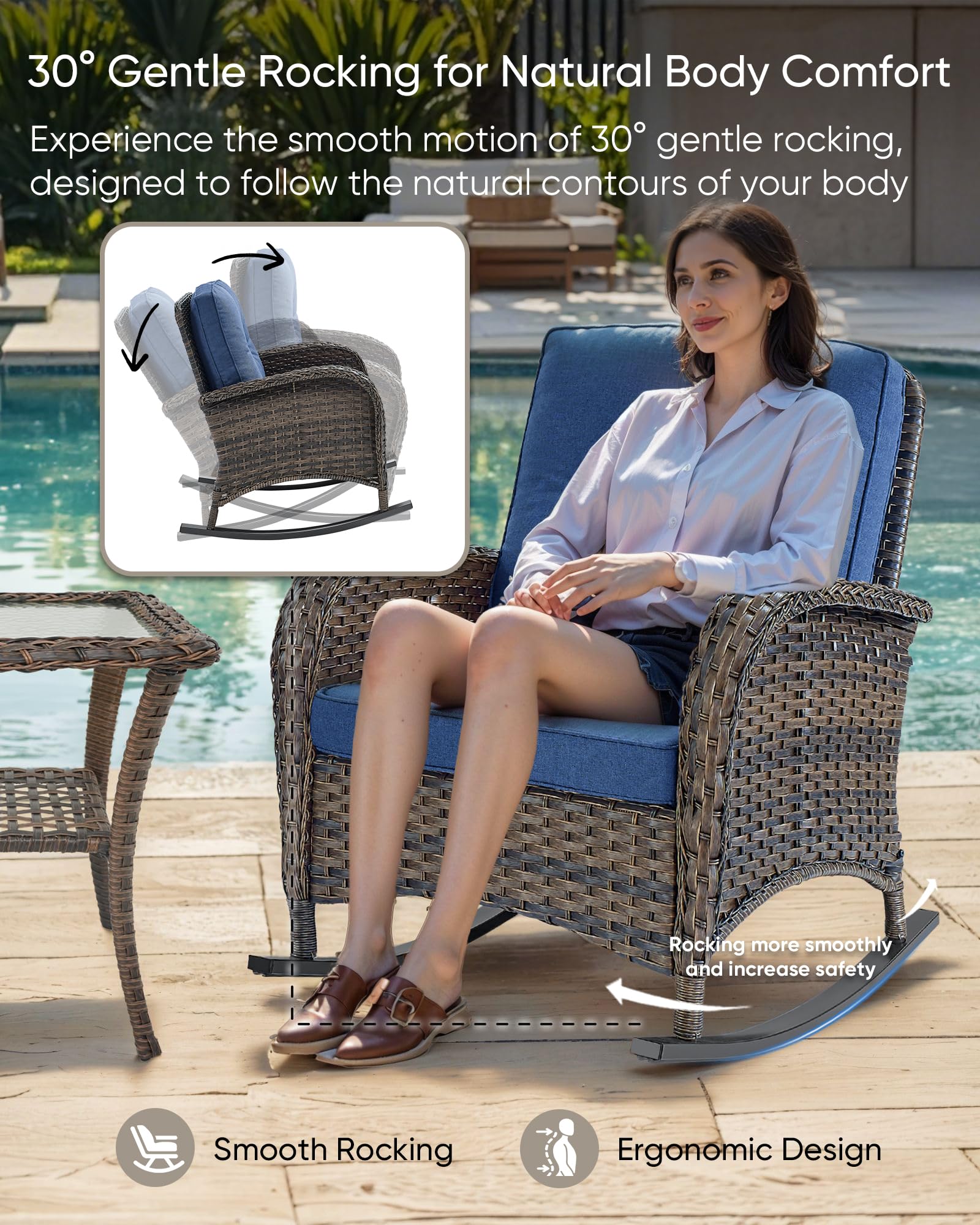 HUMMUH 3-Piece All-Weather PE Wicker Outdoor Rocking Chair Set with Side Table & Cushions - Patio, Porch, Balcony Furniture for Relaxing & Entertaining