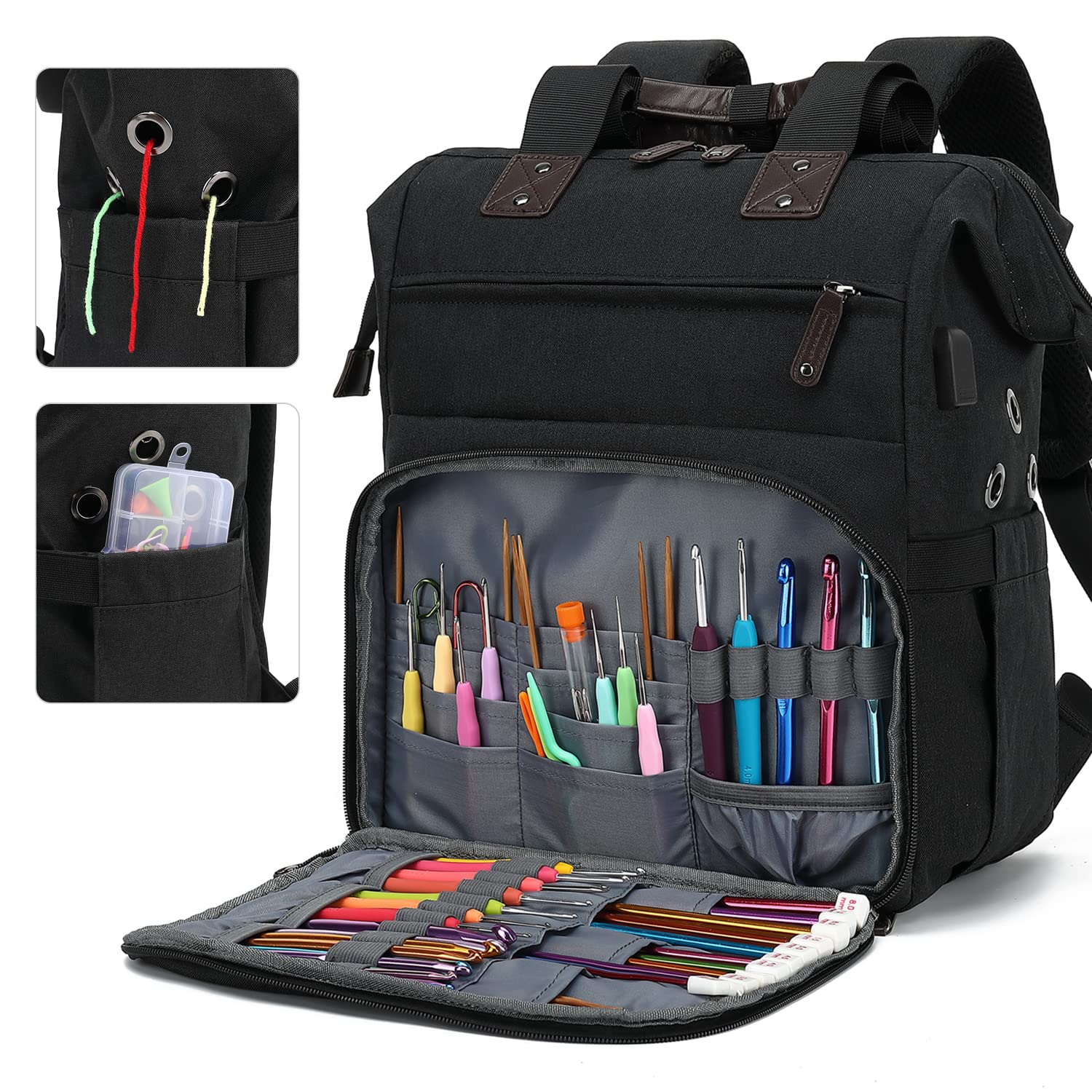Crochet Backpack with USB Port - Yarn Storage Organizer for Travel & Knitting