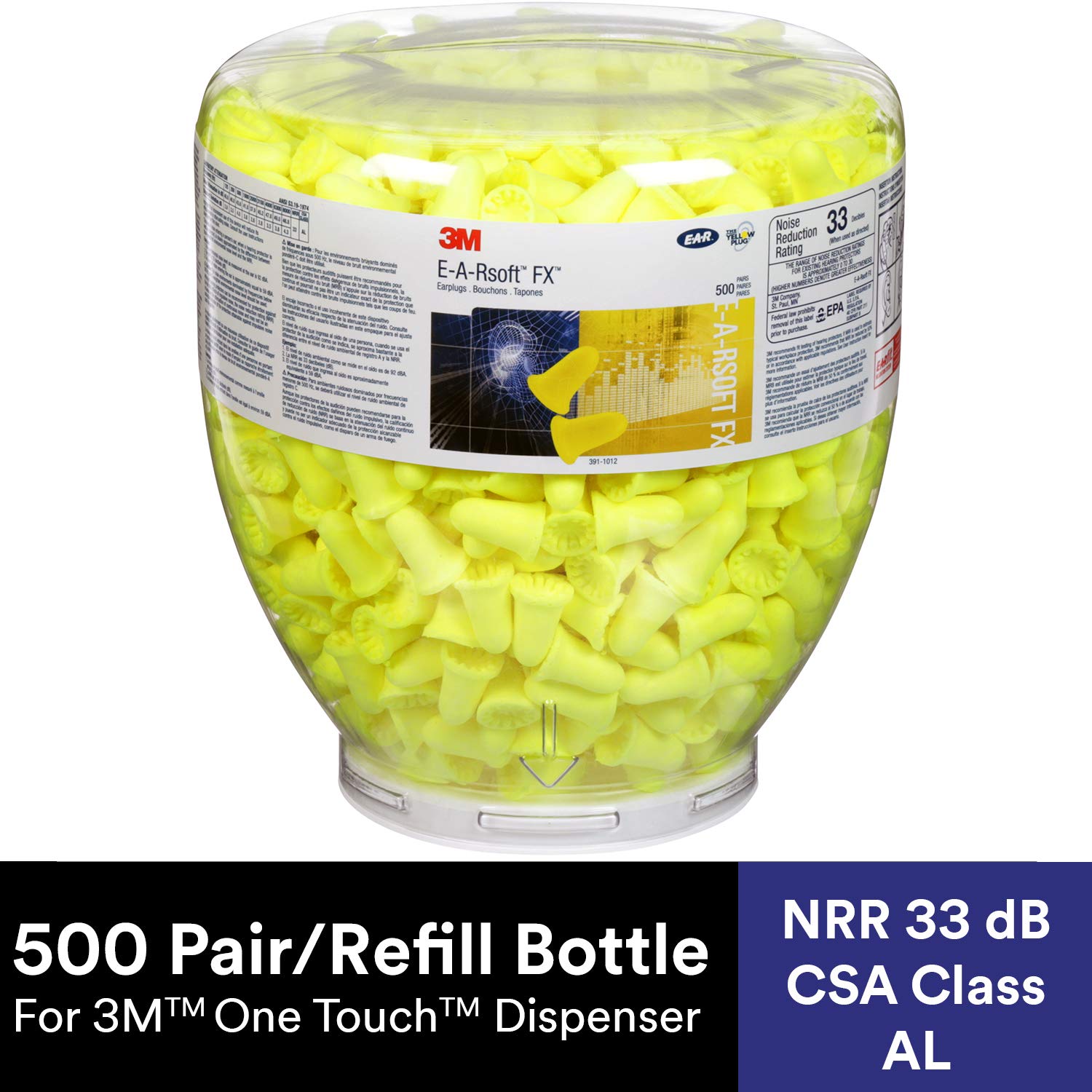 3M E-A-Rsoft FX 391-1012 Uncorded Disposable Foam Earplugs - 500 Pair Refill Bottle for One Touch Dispenser - NRR 33 Noise Reduction - Ideal for Drilling, Grinding, Machining, Sawing, Welding & Loud Work Environments
