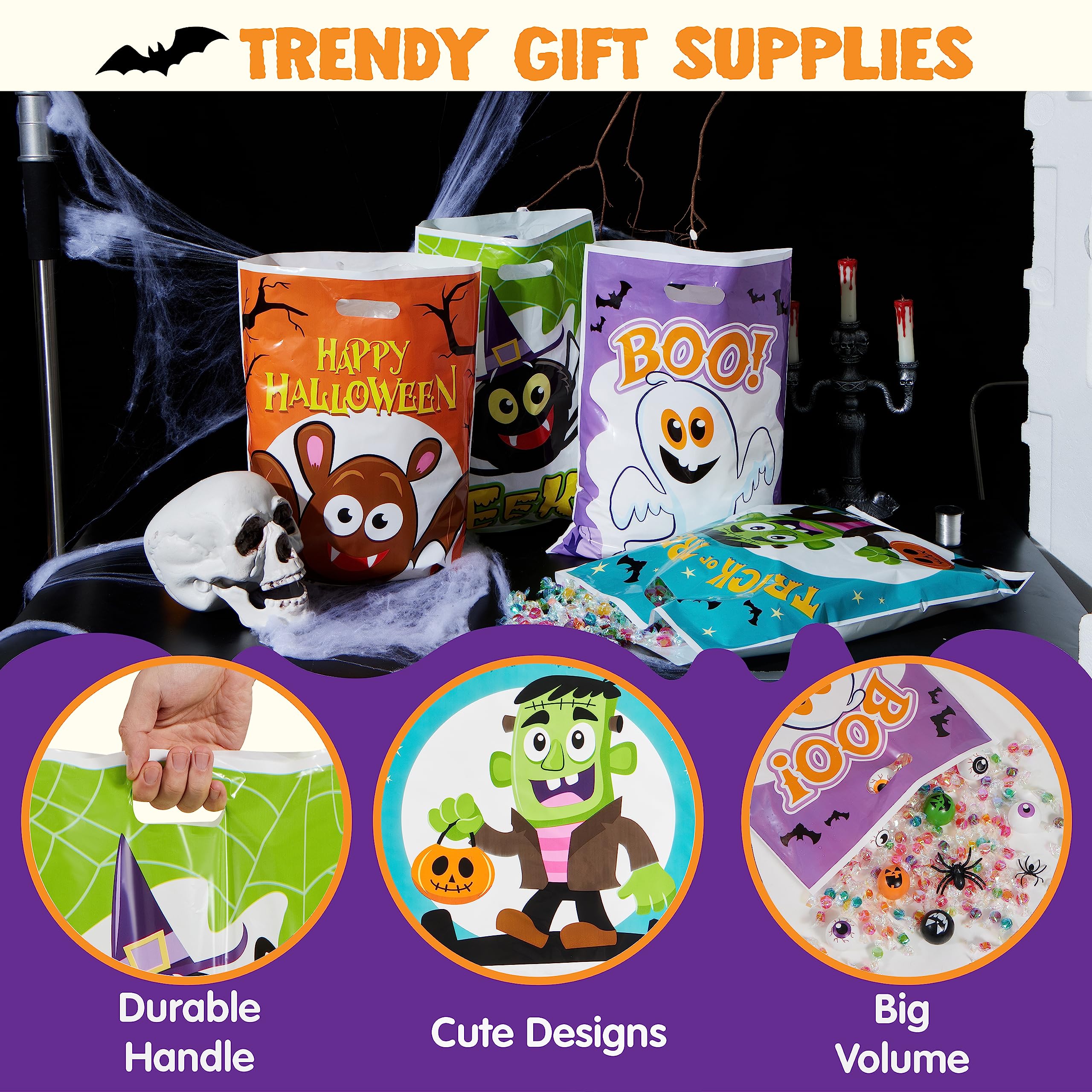 JOYIN 72-Piece Halloween Candy Bags for Trick or Treat - 6 Fun Character Designs, Plastic Goodie Bags for Halloween Party Favors & Supplies | Perfect for Classroom Treats, Neighborhood Trick-or-Treating & Halloween Party Giveaways