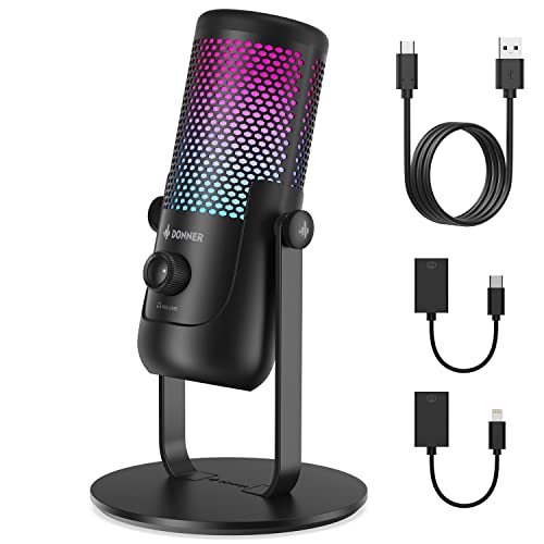 Donner Professional USB Gaming Microphone with RGB Lighting - 96Hz/24-bit High Sampling Rate Condenser Mic for PC, PS4, MAC - Streaming, Podcasting, Voice Recording - Includes Tap-to-Mute, Gain Control & 3X Cables