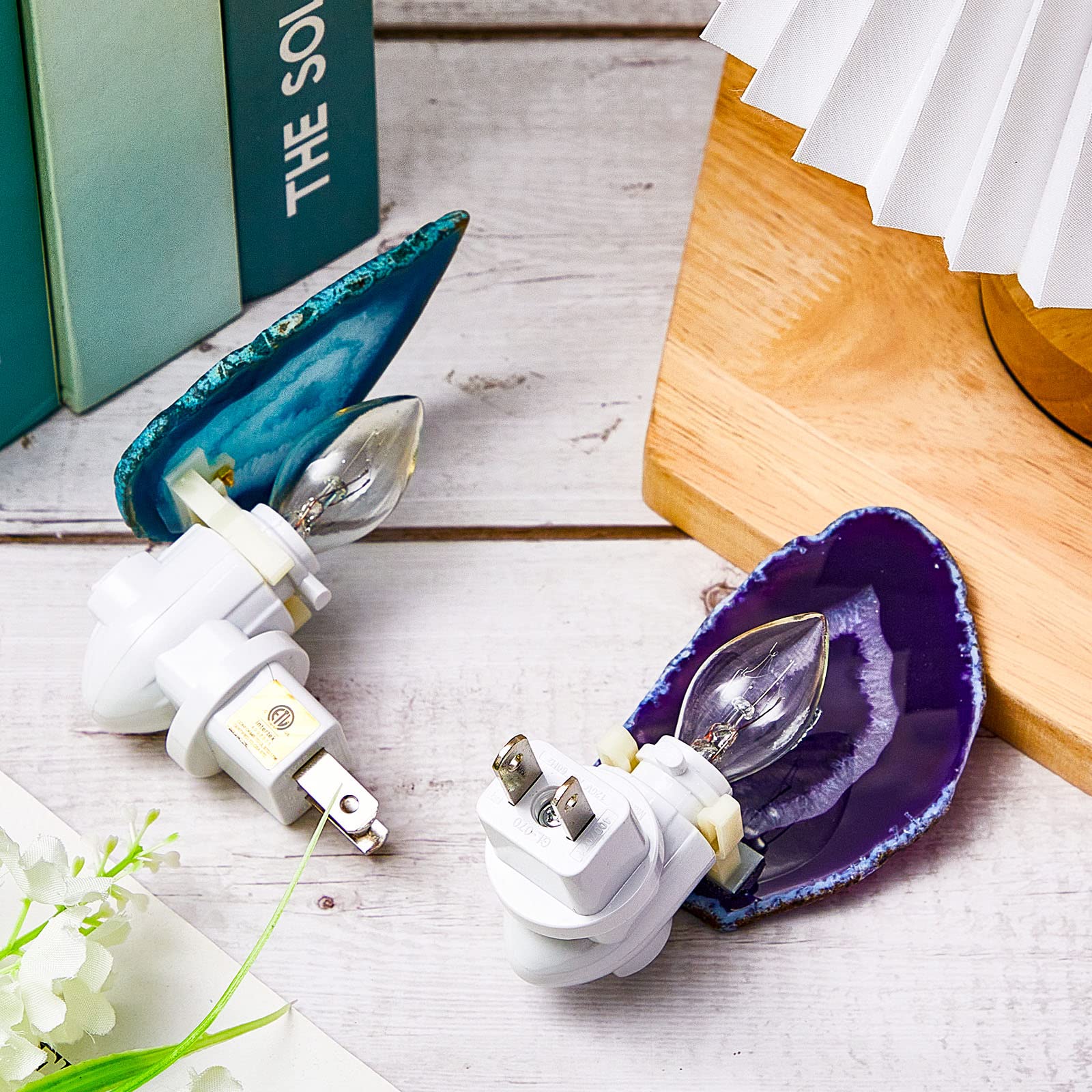 Funtery 2-Pack Agate Slice Night Light - Plug-in Crystal LED Lamp with On/Off Switch for Hallway, Stairway, Bedroom, Kitchen & Bathroom - Blue Purple Agate Stone Decor for Home & Office