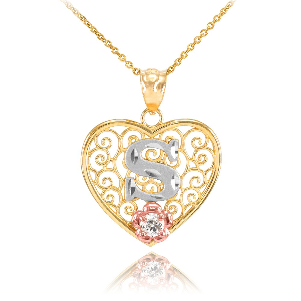 14K Tri-Tone Gold Filigree Heart Pendant Necklace with CZ Flower Initial Letter - 22 Inch Chain, Elegant Personalized Jewelry Gift for Women, Perfect for Valentine's Day, Anniversary or Birthday