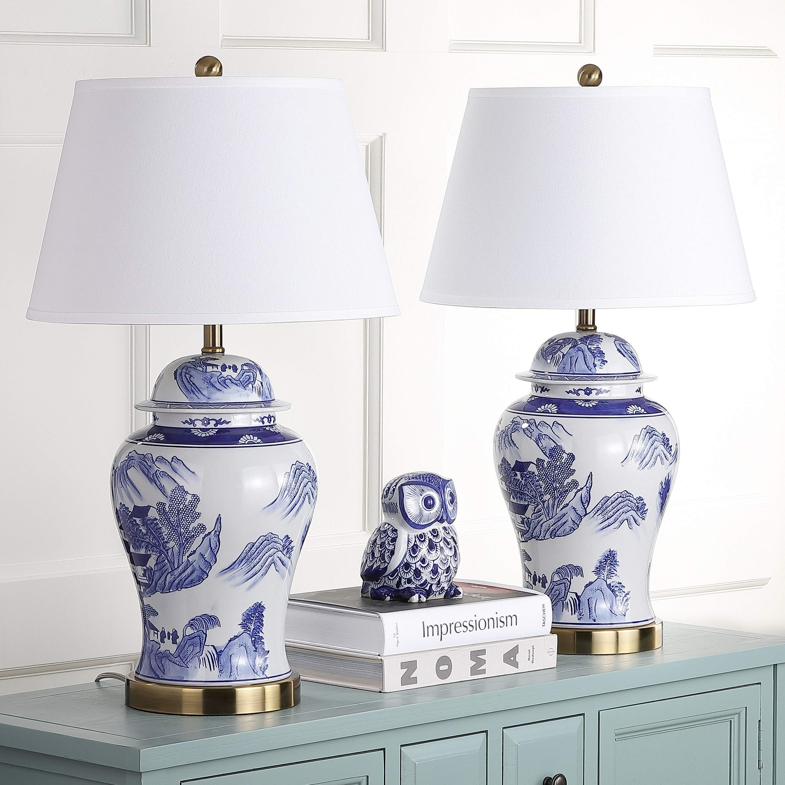 29-inch Shanghai Blue and White Ginger Jar Table Lamps (Set of 2) with Traditional Gold Bulbs - Chinese Style Home Decor for Living Room, Bedroom & Office Lighting