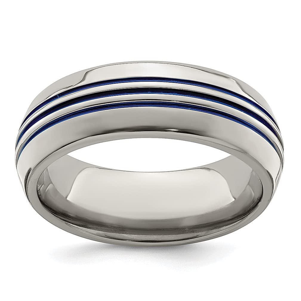 Edward Mirell Titanium Blue Anodized 8mm Triple Groove Domed Wedding Band for Men - Classic Fashion Jewelry Ring for Dad, Grooms & Gifts - Perfect for Weddings, Anniversaries & Special Occasions
