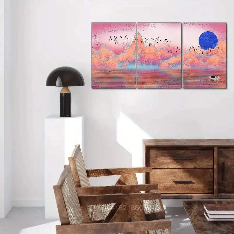 3-Piece Solar Sailboat Metal Print Wall Art - Ready to Hang Landscape Art Deco Poster for Living Room, Bedroom & Office Decor