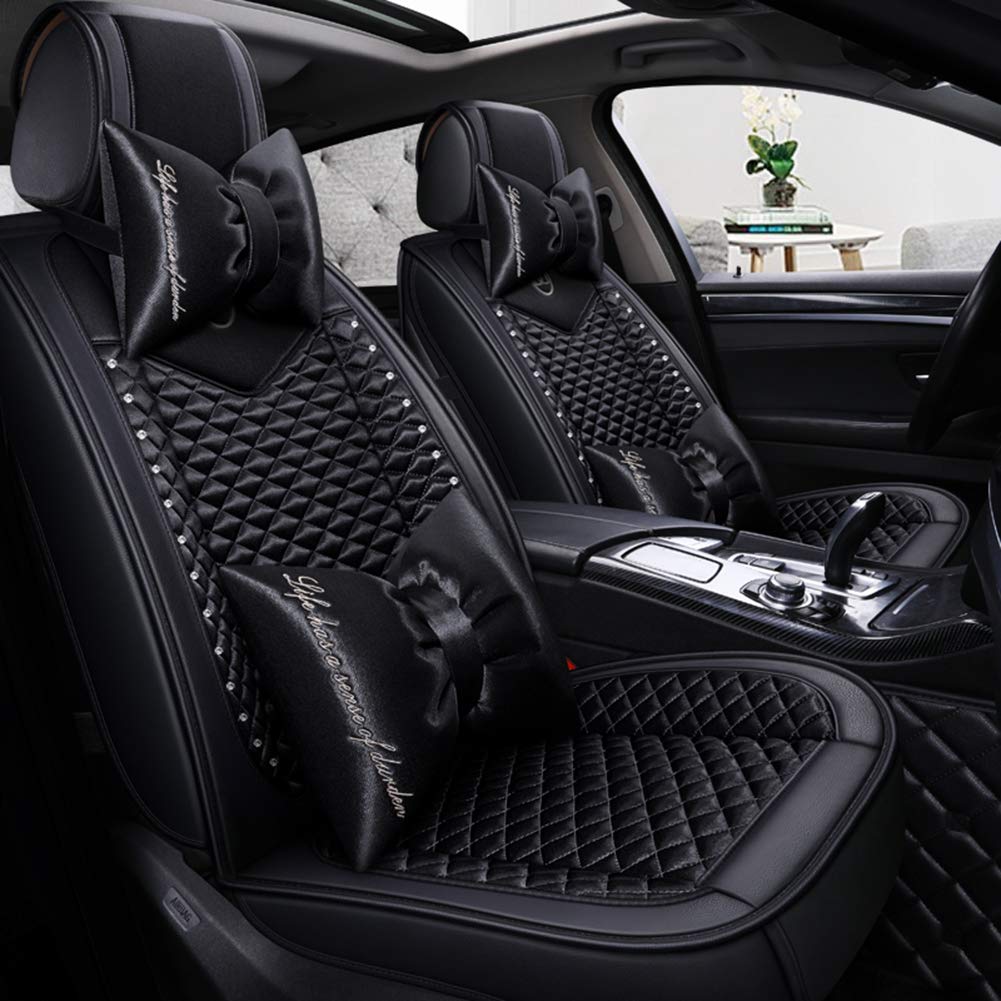Stylish Bling Retro Lattice Silk & Leather Universal Car Seat Covers - Front & Rear Set (Black Luxury) | Perfect for Sedans, SUVs & Luxury Vehicles - Enhances Comfort & Interior Aesthetics
