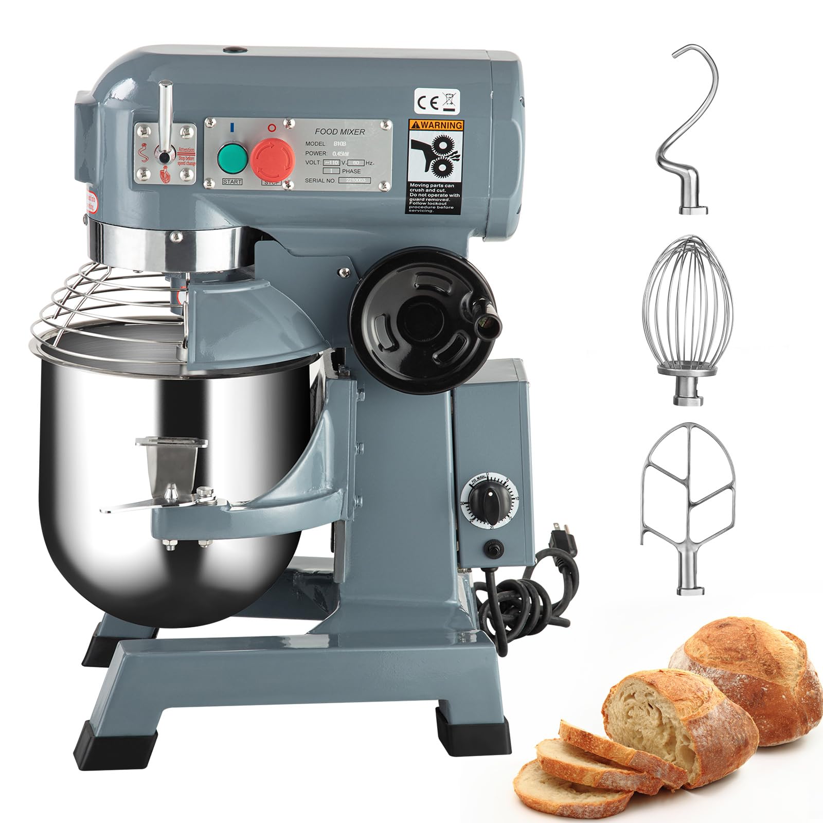 AKDSteel 10 Quart Commercial Food Mixer - 450W 110V 3-Speed Stand Mixer with Stainless Steel Bowl, Dough Hook & Flat Beater - Perfect for Baking, Dough Kneading in Bakeries, Restaurants, Pizzeria & School Kitchens
