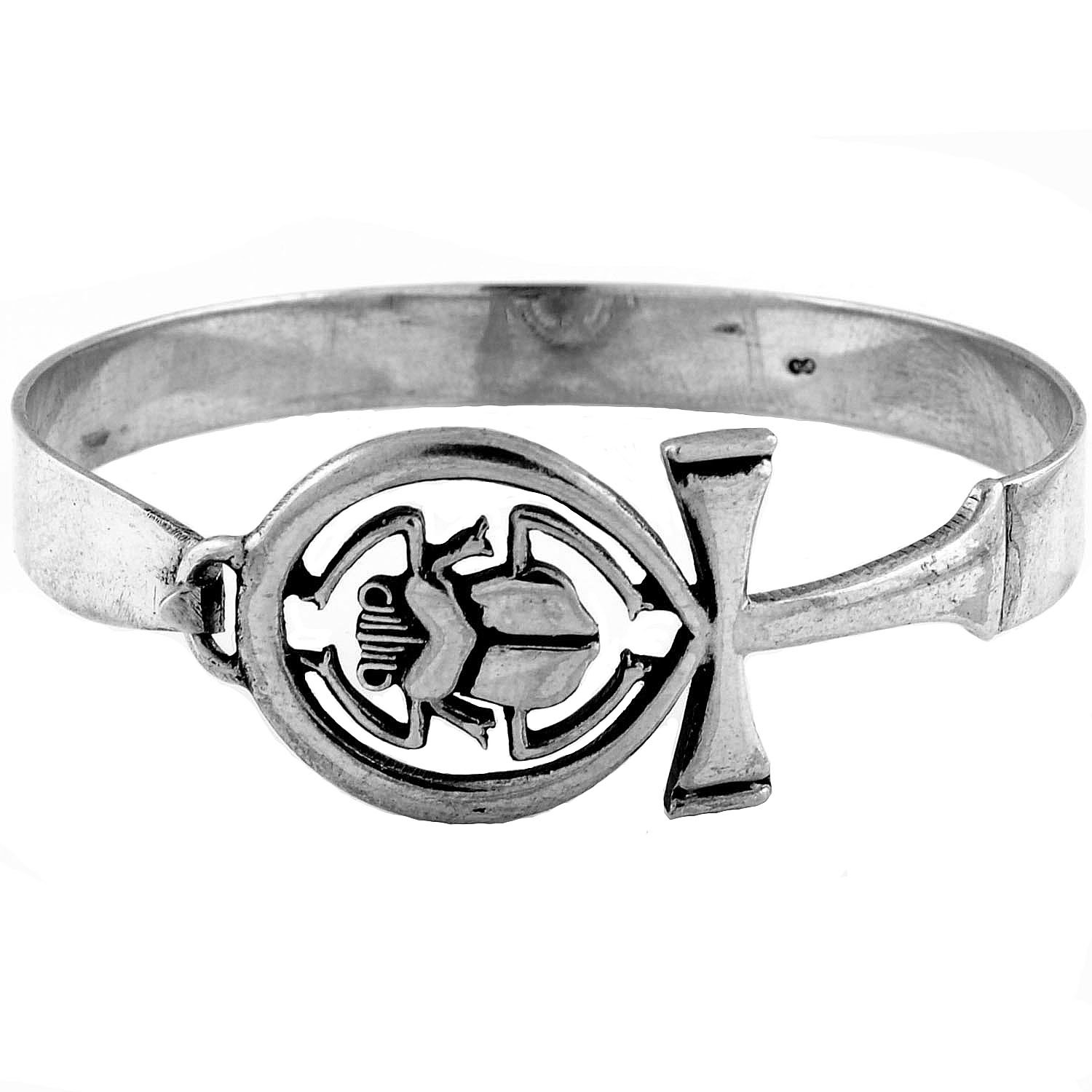 KemetArt Sterling Silver Ankh & Scarab Bangle Bracelet - Authentic Egyptian Jewelry for Women, Handmade Pharaoh-Inspired Accessory - Perfect for Boho Fashion, Spiritual Gifts & Cultural Events