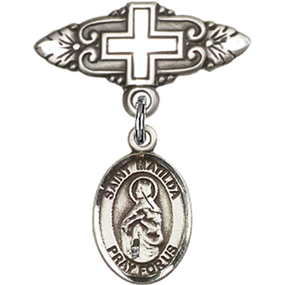 1 X 3/4 Inch Sterling Silver Baby Badge with St. Matilda Charm & Cross Pin - Perfect for Christening, Baptism Gifts & First Communion Jewelry