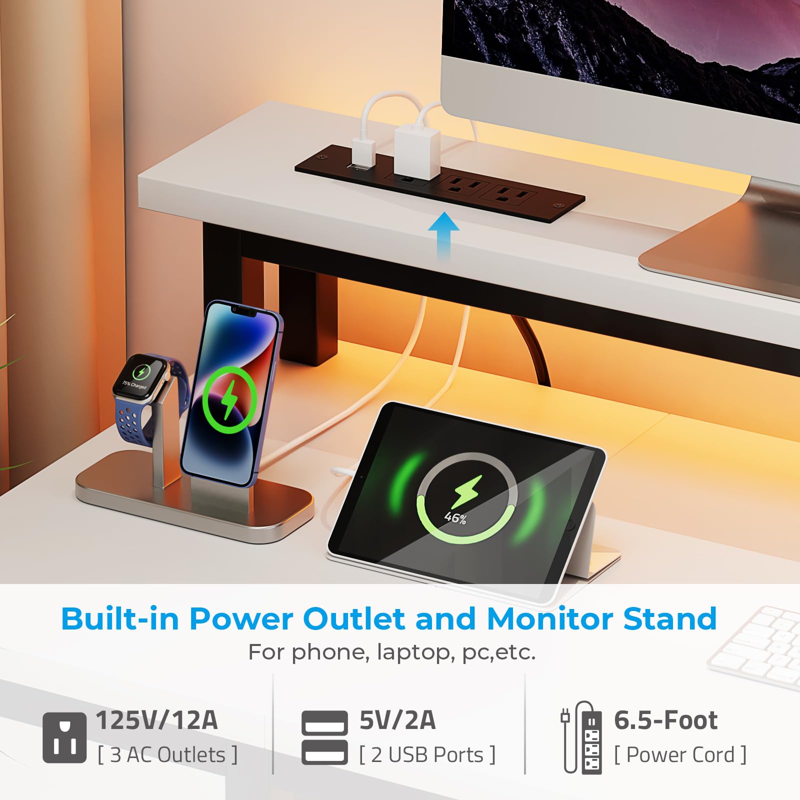 GreenForest 50 Inch Computer Desk with Monitor Stand, LED Lights & Power Outlets - Gaming & Office Desk with 2 Fabric Drawers & Shelves, White - Perfect for Home Office, Gaming Setup & Workspace Organization