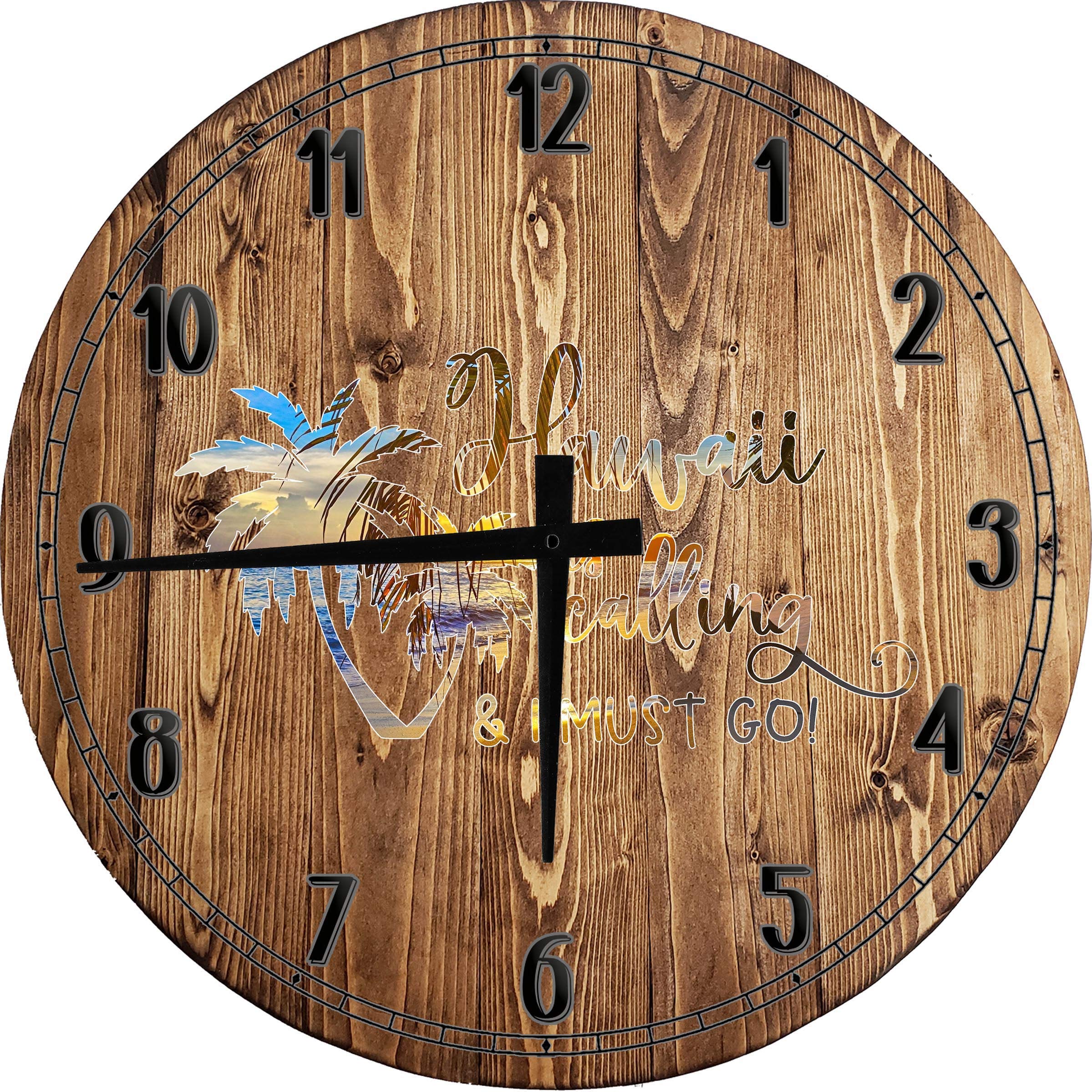 Hawaii Themed Palm Tree Beach Sunset Large Round Wood Wall Clock - 12 Inch Brown Wall Art Decor for Living Room, Bedroom, or Office