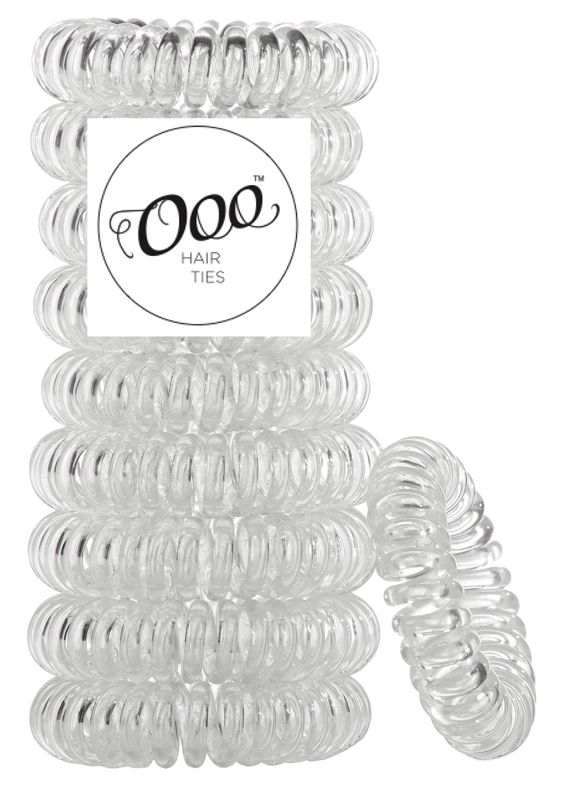 10 Pack Painless PATENTED OOO Hair Ties - Spiral Coil Traceless Ponytail Holders for All Hair Types (Large Size, Clear) - Perfect for Workouts, Office & Daily Use