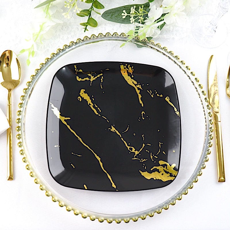 10 Pack Square Metallic Marble Plastic Plates - Disposable Dinnerware & Salad Plates for Parties, Picnics, and Catering Events