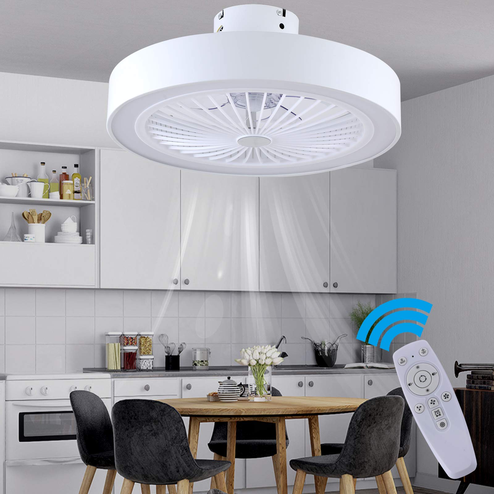 Minxi Modern LED Ceiling Fan with Lights - 72W Remote Control, 3-Color Lighting & 3-Speed Settings, Enclosed Blade Smart Timer, Low Profile Flush Mount for Bedroom & Living Room (20