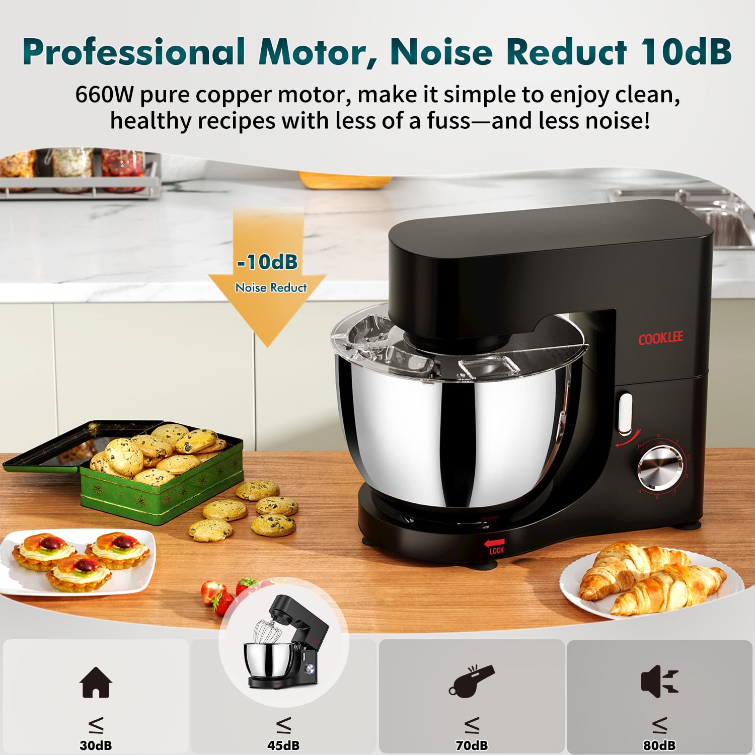 COOKLEE 9.5 Qt 660W Stand Mixer - Powerful Electric Kitchen Mixer with Dishwasher-Safe Dough Hook, Flat Beater, Wire Whip & Pouring Shield - Perfect for Baking Bread, Cakes, Cookies & More - Ideal for Home Bakers & Cooking Enthusiasts - Black