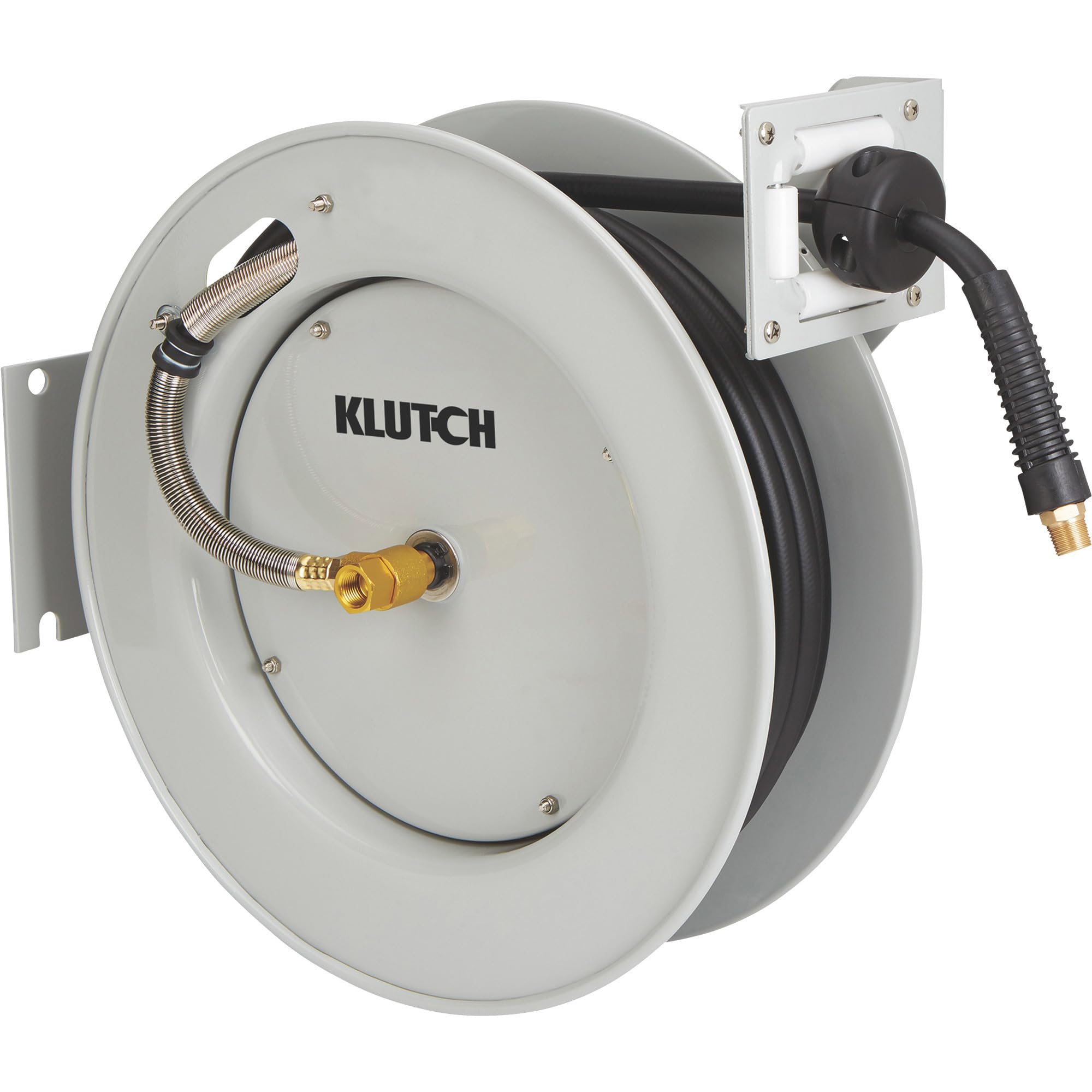 Klutch Auto Rewind Air Hose Reel with 3/8in. x 50ft. Hybrid Polymer Hose - 300 Max PSI - Heavy Duty Retractable Air Compressor Hose Reel for Garage, Workshop & Automotive Use