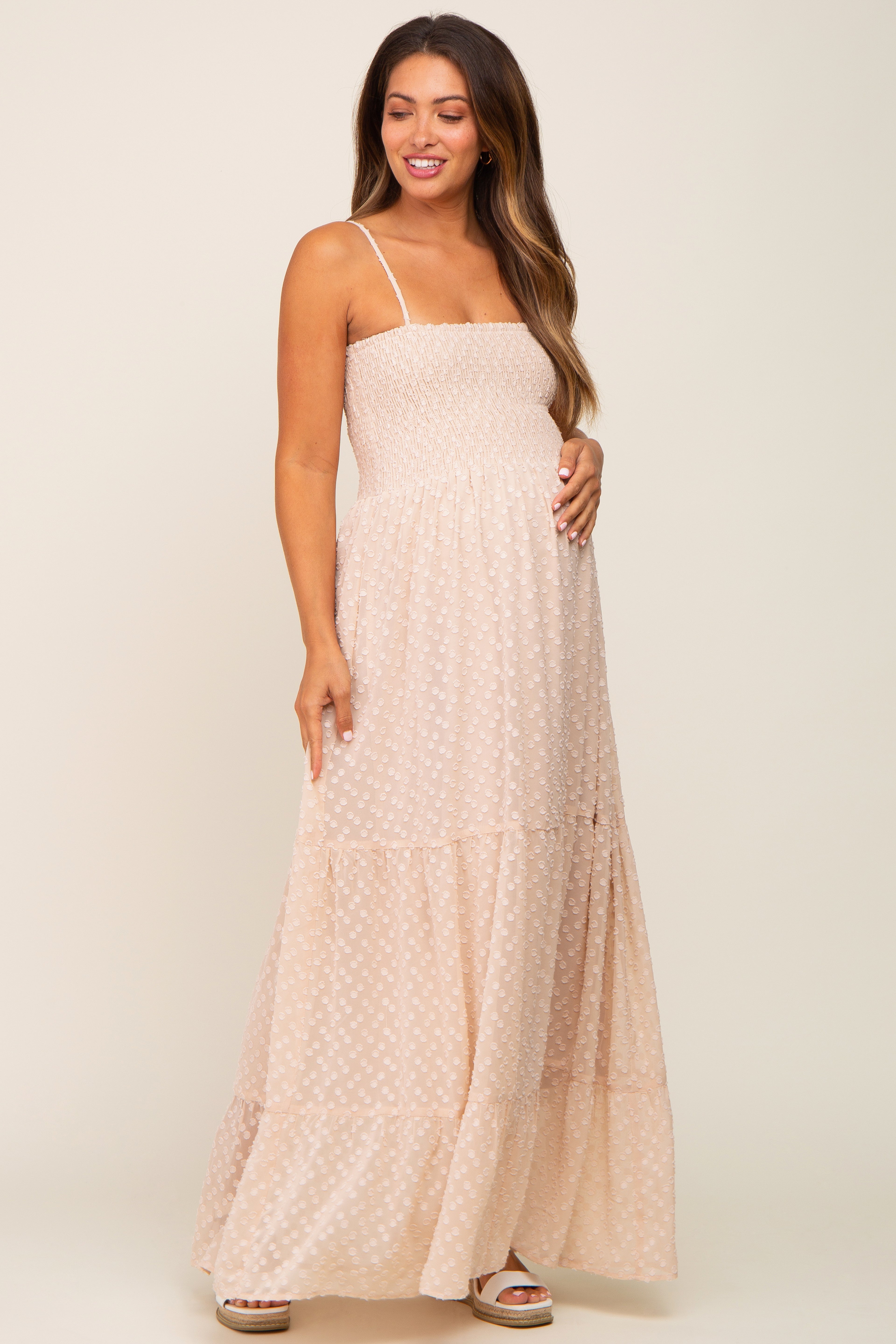 Beige Textured Dot Chiffon Sleeveless Maternity Maxi Dress for Women - Comfortable Pregnancy Gown for Baby Shower, Beach Vacation & Summer Maternity Photoshoot
