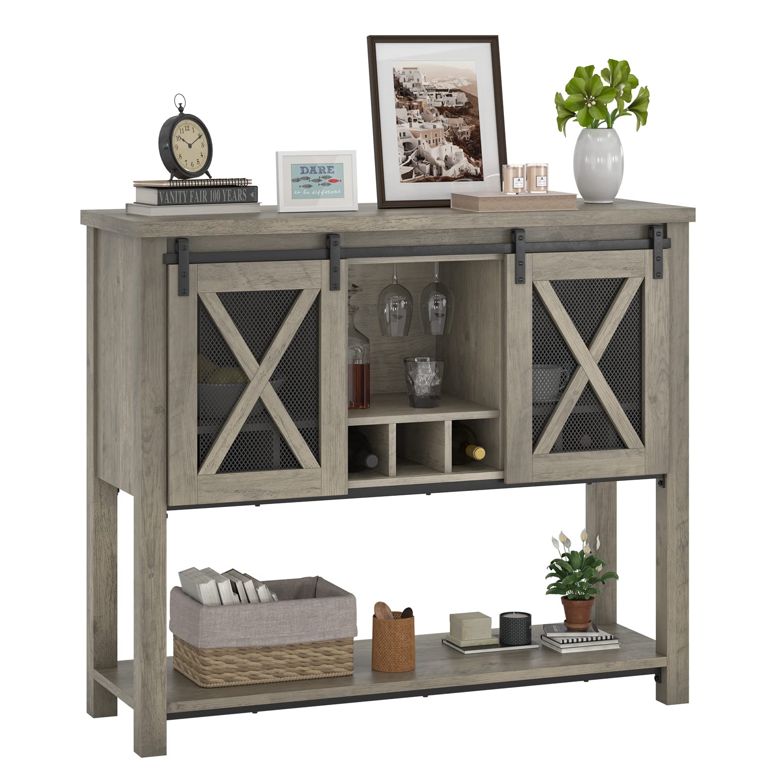 IDEALHOUSE Farmhouse Coffee Bar Cabinet with Sliding Barn Doors - Entryway Console Table with Storage, Wine Liquor Cabinet with Racks - Perfect for Kitchen, Hallway & Living Room - Gray Home Bar Furniture for Entertaining & Storage